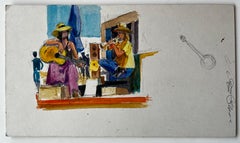 Street Musicians Performing in Summer French Watercolour Painting