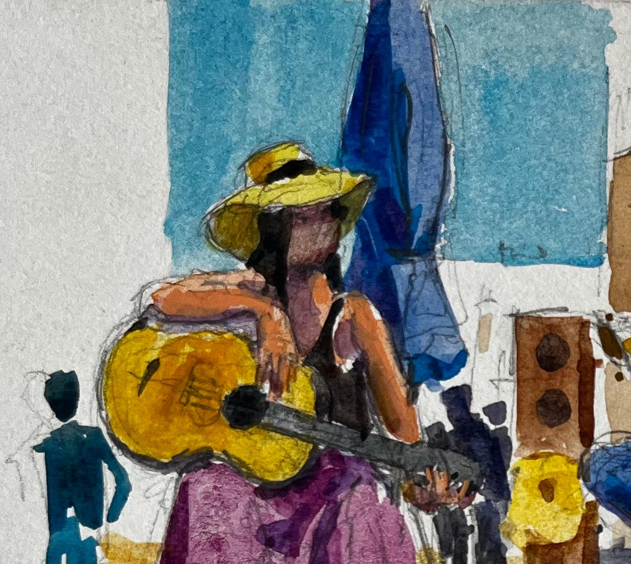 Músicos callejeros actuando en verano Pintura francesa a la acuarela - Art Posimpresionista de Pierre Neveu
