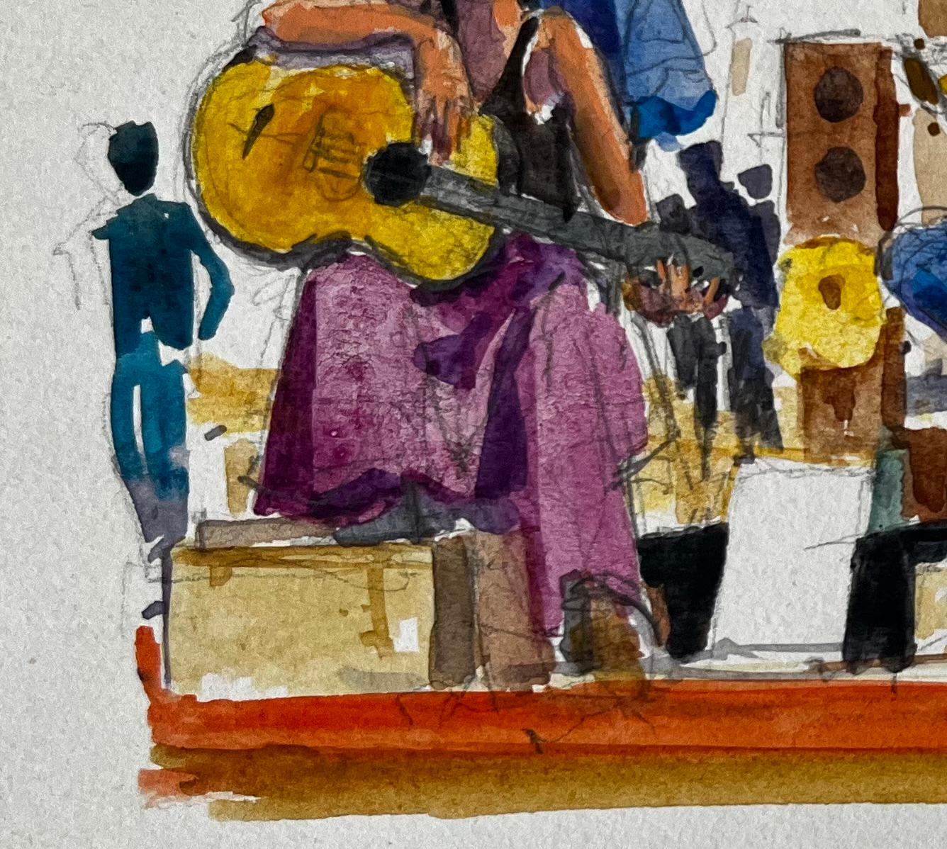 Músicos callejeros actuando en verano Pintura francesa a la acuarela en venta 1