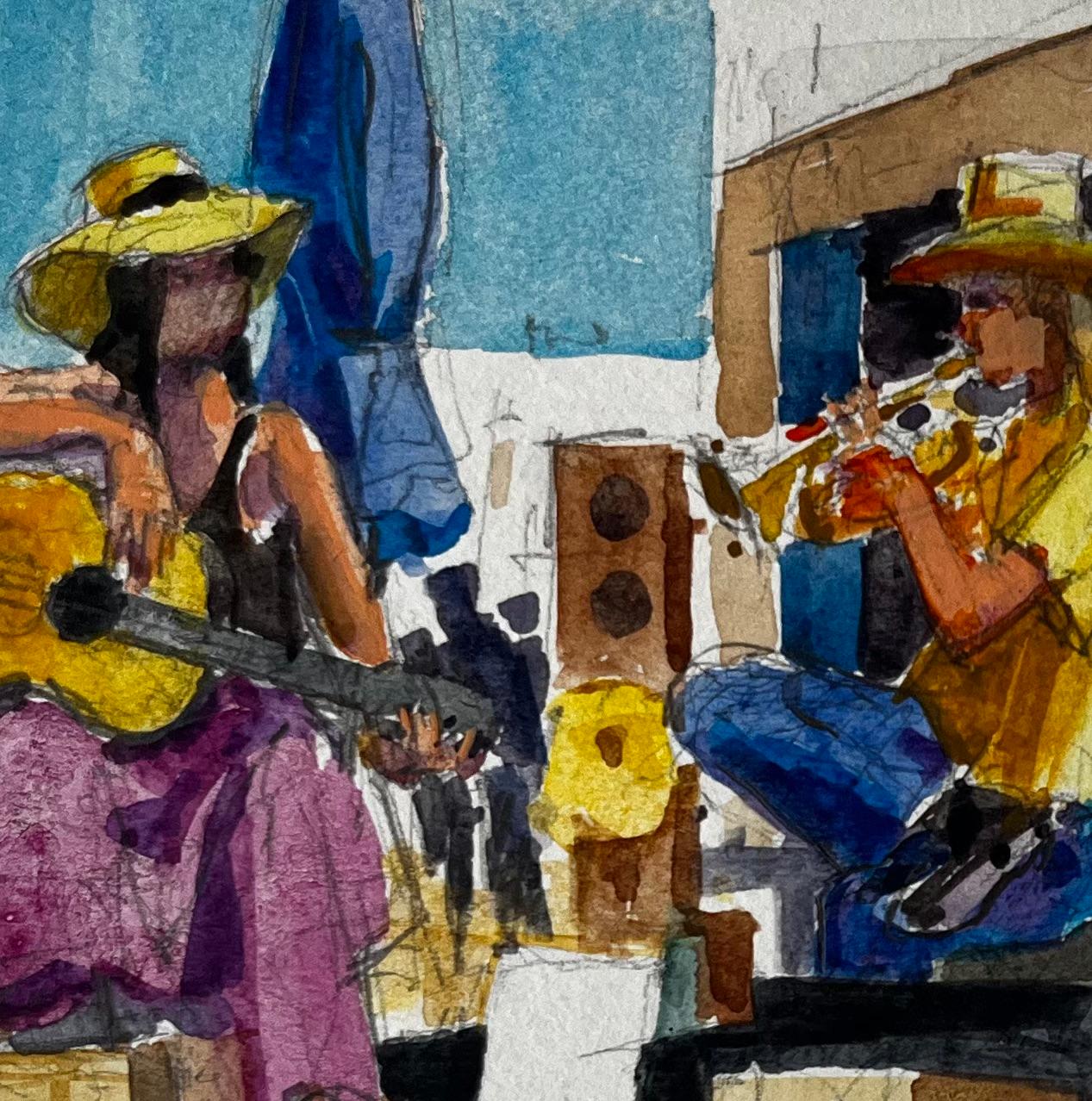 Músicos callejeros actuando en verano Pintura francesa a la acuarela en venta 2