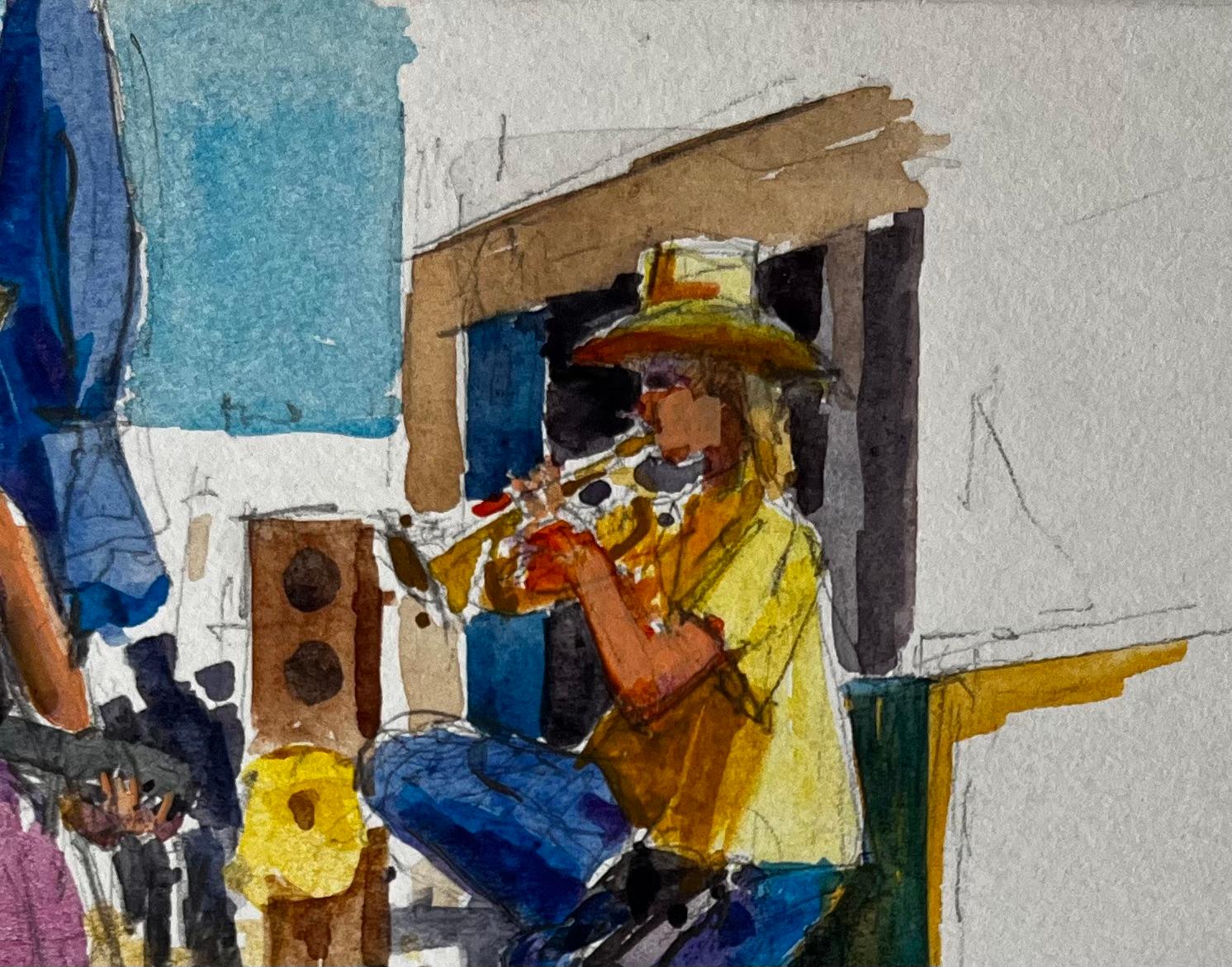 Músicos callejeros actuando en verano Pintura francesa a la acuarela - Landscape Art Marrón de Pierre Neveu