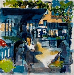 French Market Scene with Figures by Pierre Neveu Mediterranean Watercolour