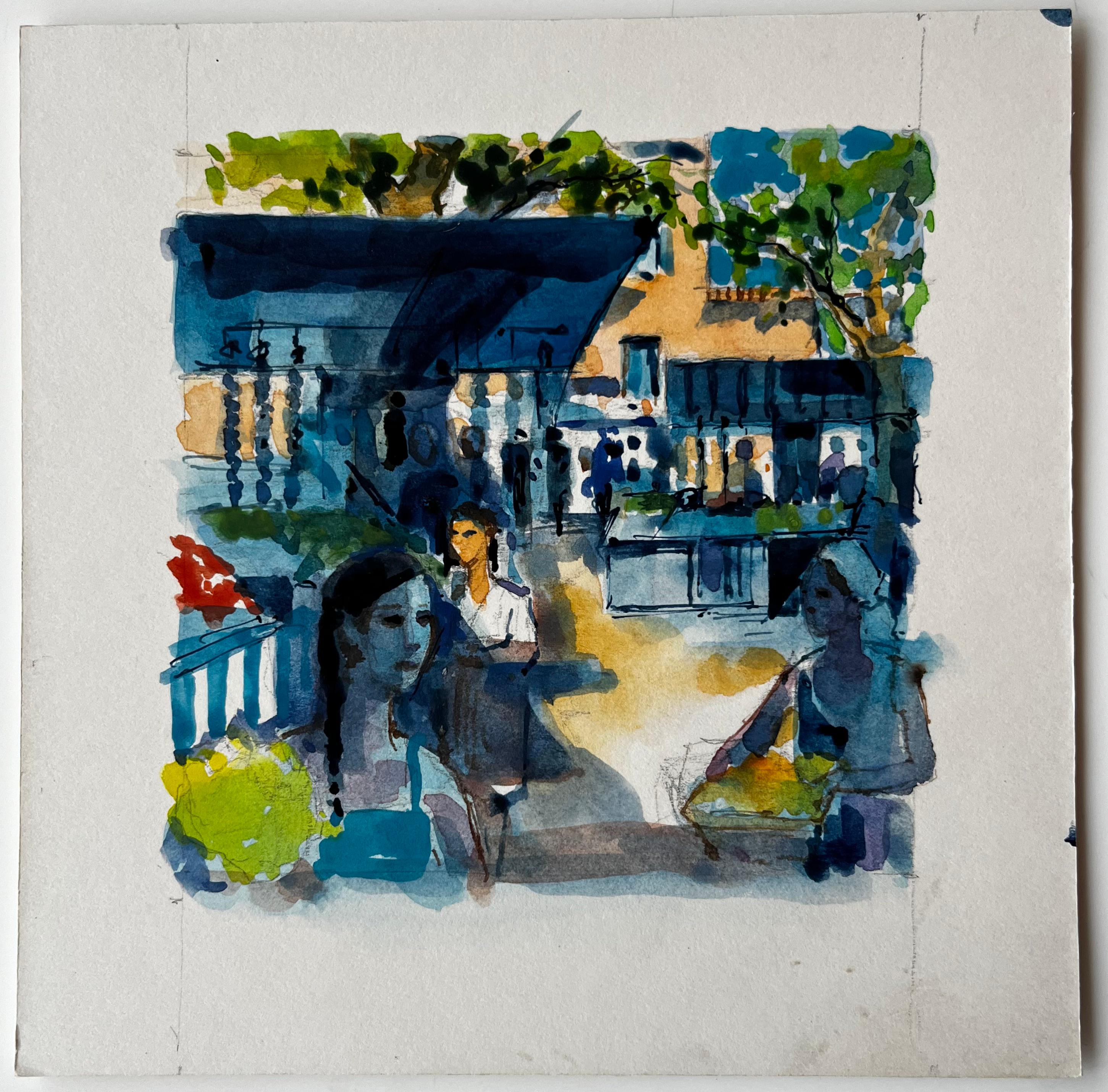 Scène de marché française avec personnages par Pierre Neveu Aquarelle méditerranéenne en vente 1