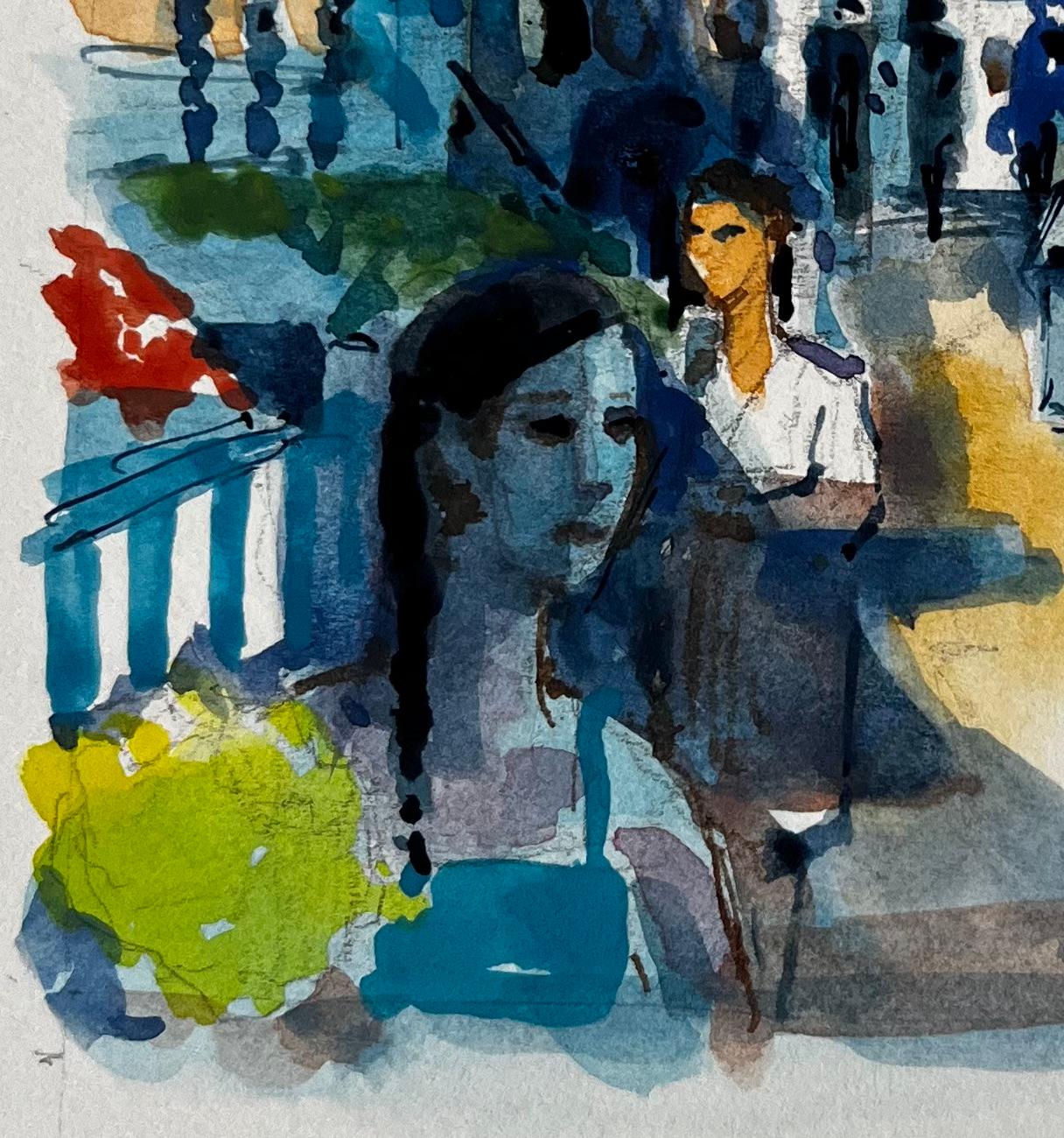 Scène de marché française avec personnages par Pierre Neveu Aquarelle méditerranéenne en vente 2