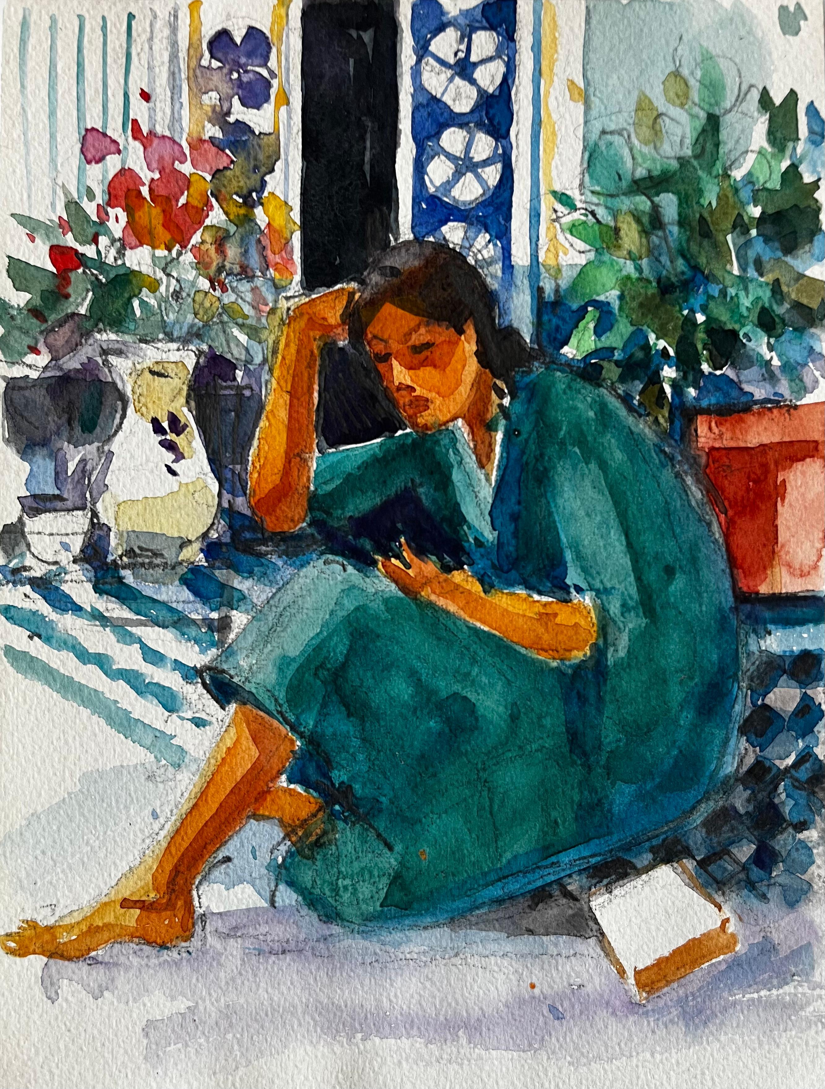 Femme lisant à l
intérieur par Pierre Neveu Aquarelle française Scène d
intérieur
