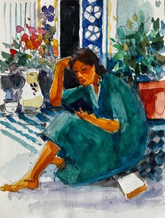 Woman Reading Indoors by Pierre Neveu French Watercolour Interior Scene Painting