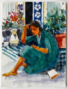 Woman Reading Indoors by Pierre Neveu French Watercolour Interior Scene Painting