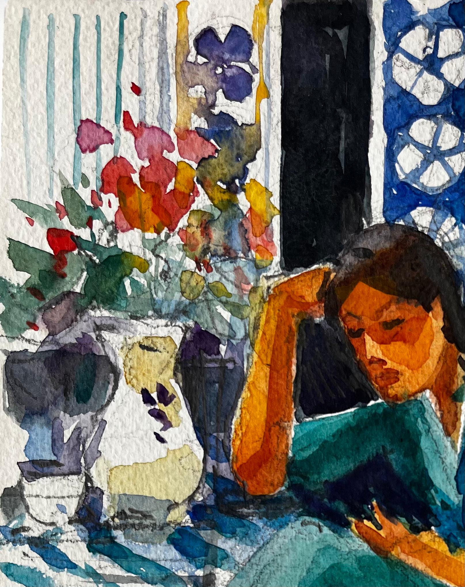 Femme lisant à l'intérieur par Pierre Neveu Aquarelle française Scène d'intérieur en vente 2