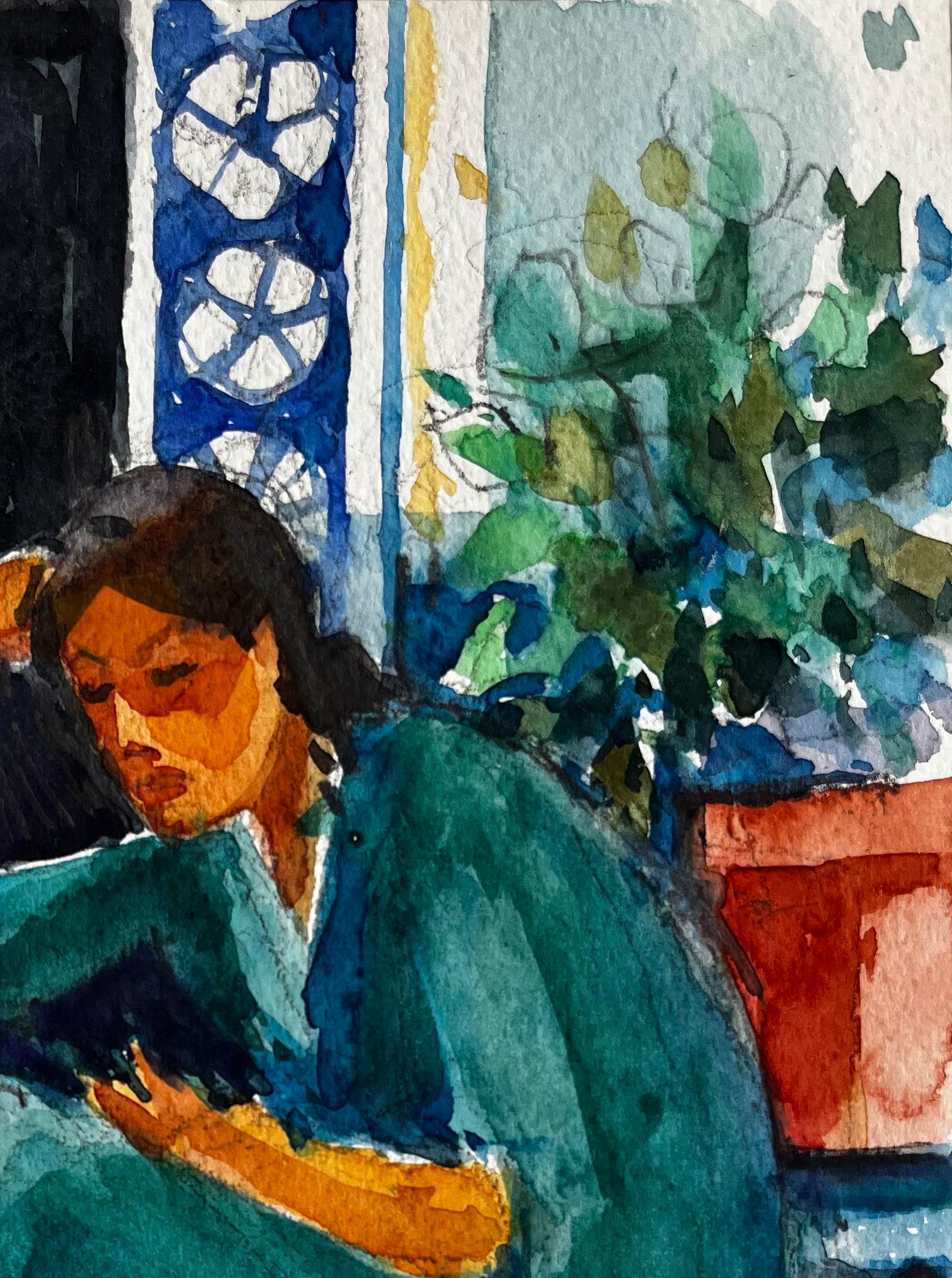 Femme lisant à l'intérieur par Pierre Neveu Aquarelle française Scène d'intérieur en vente 3