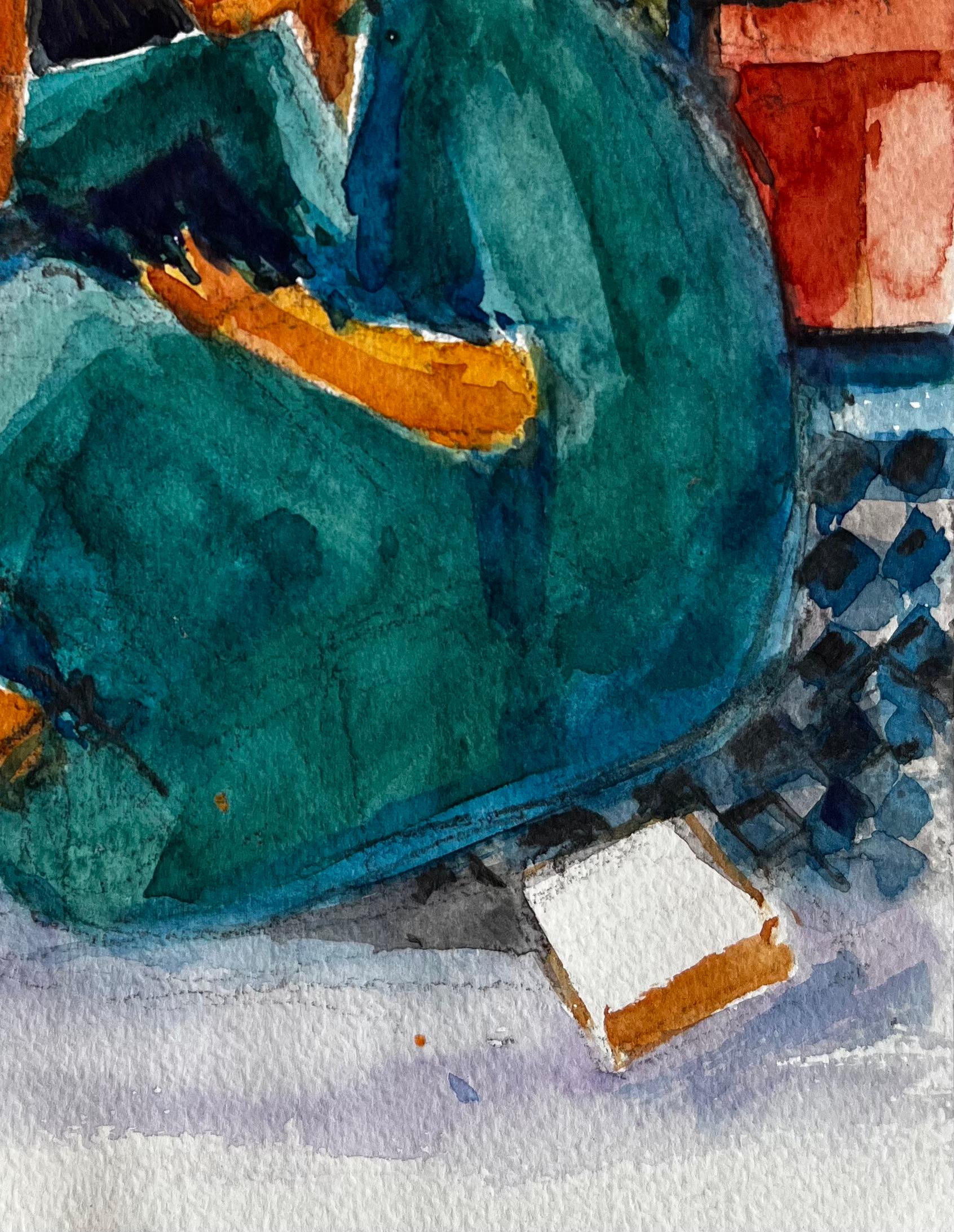 Femme lisant à l'intérieur par Pierre Neveu Aquarelle française Scène d'intérieur en vente 4