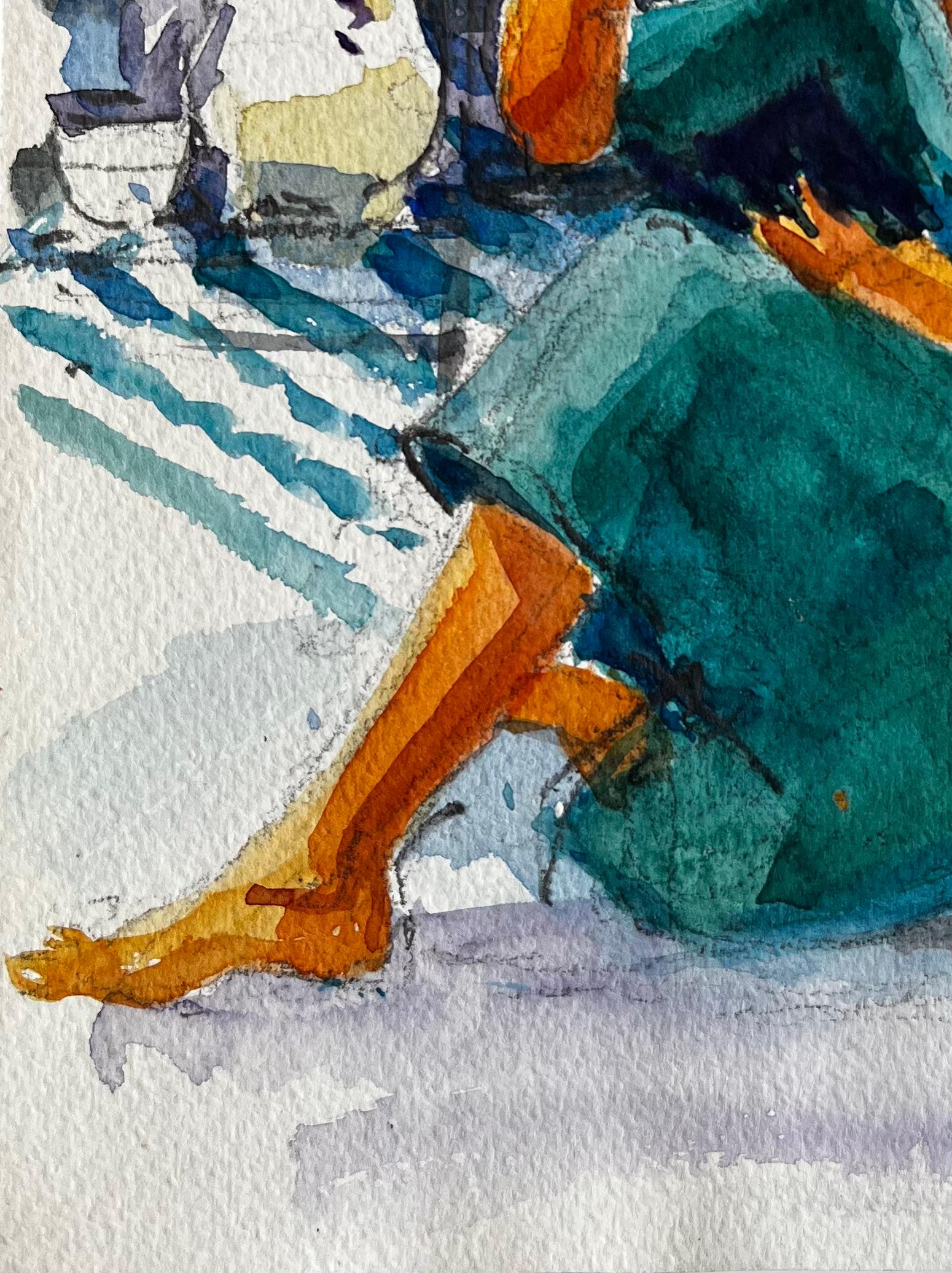 Femme lisant à l'intérieur par Pierre Neveu Aquarelle française Scène d'intérieur en vente 5