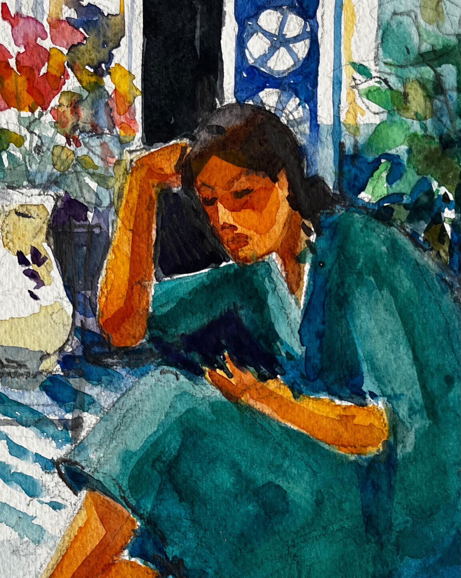 Femme lisant à l'intérieur par Pierre Neveu Aquarelle française Scène d'intérieur en vente 6