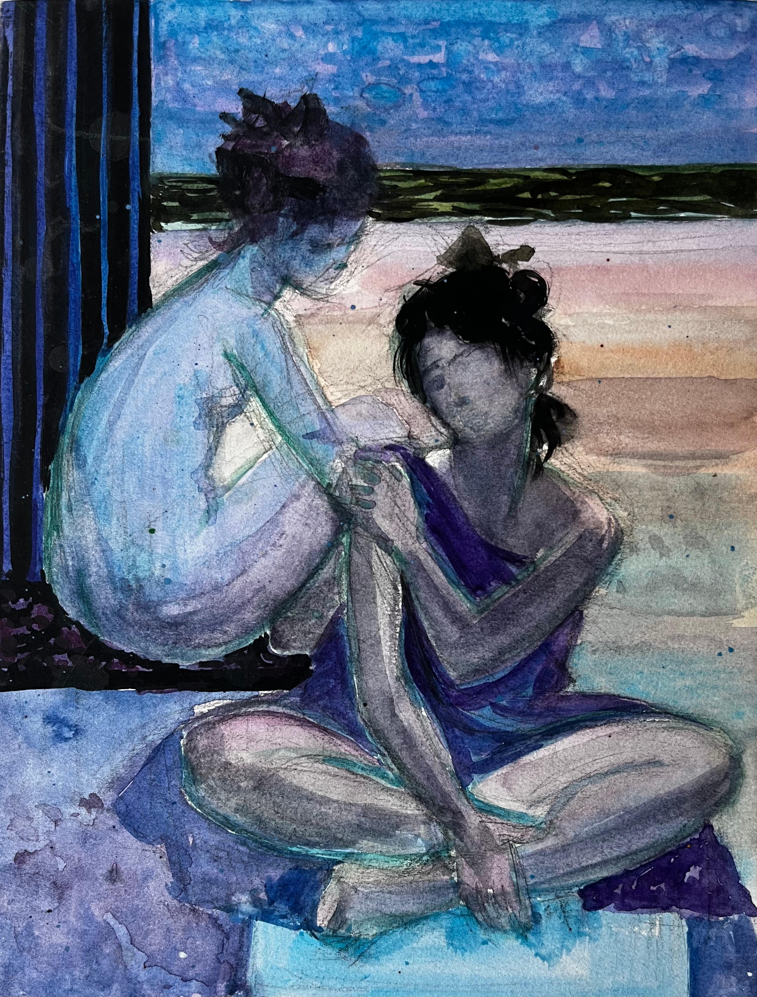 Seated Figures by the Sea by Pierre Neveu French Watercolour Beach Scene