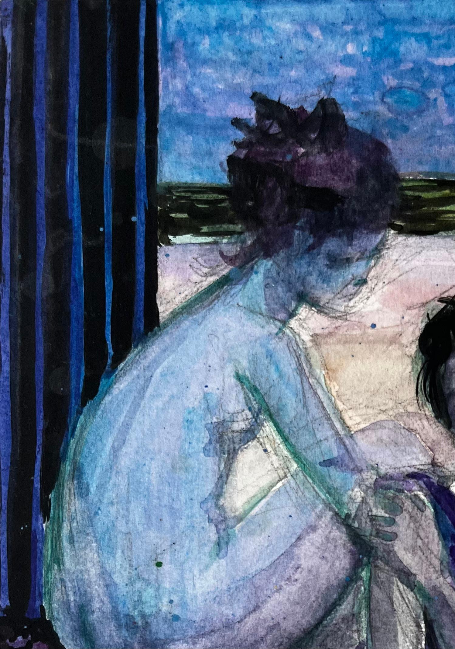 Figuras sentadas junto al mar de Pierre Neveu Acuarela francesa Escena de playa en venta 1