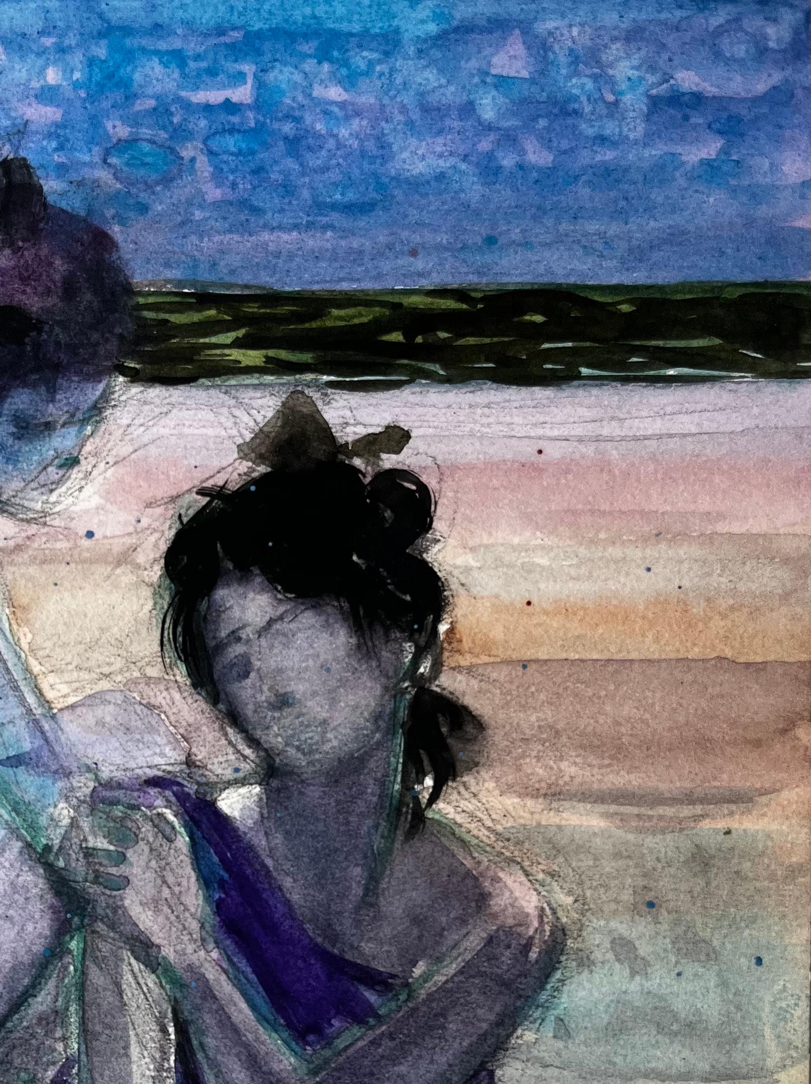 Figuras sentadas junto al mar de Pierre Neveu Acuarela francesa Escena de playa en venta 3