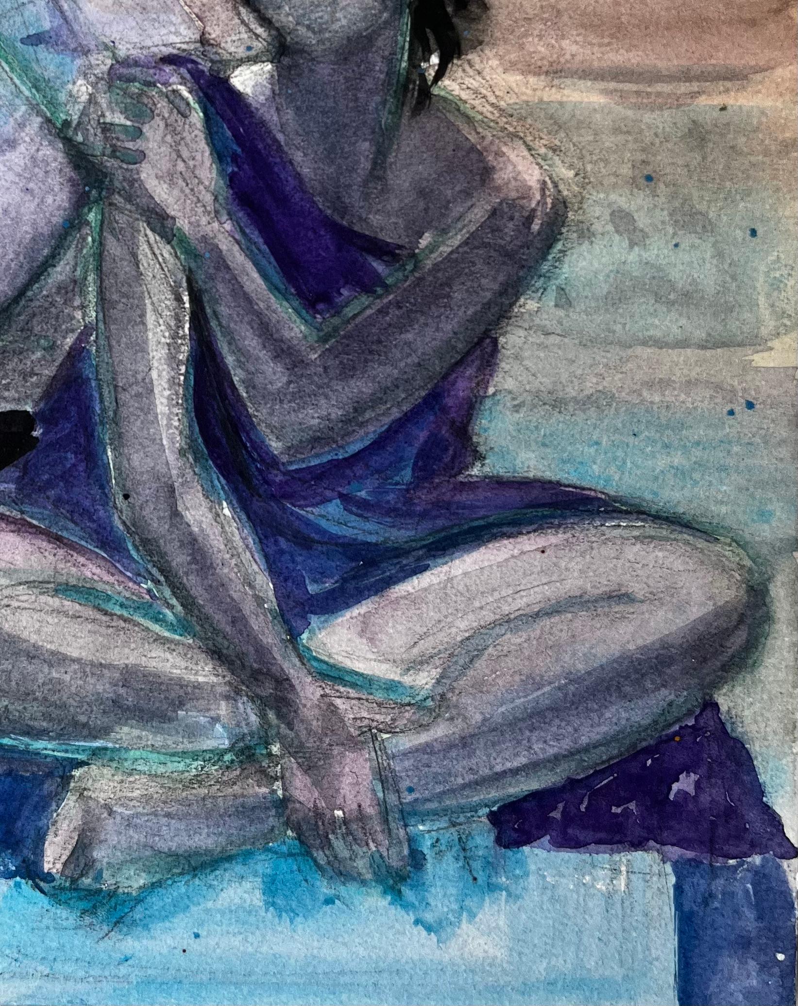 Figuras sentadas junto al mar de Pierre Neveu Acuarela francesa Escena de playa en venta 4