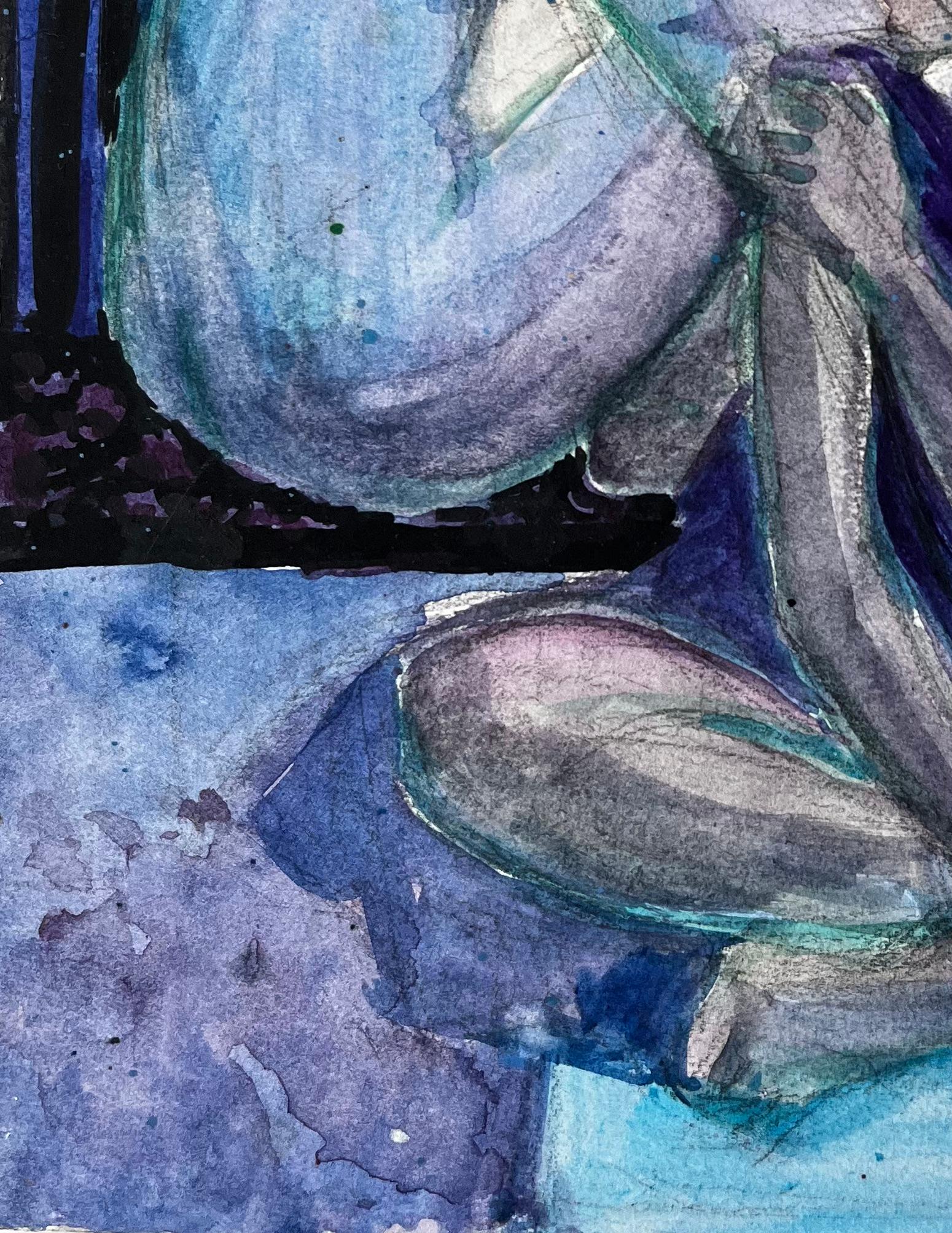 Figuras sentadas junto al mar de Pierre Neveu Acuarela francesa Escena de playa en venta 5