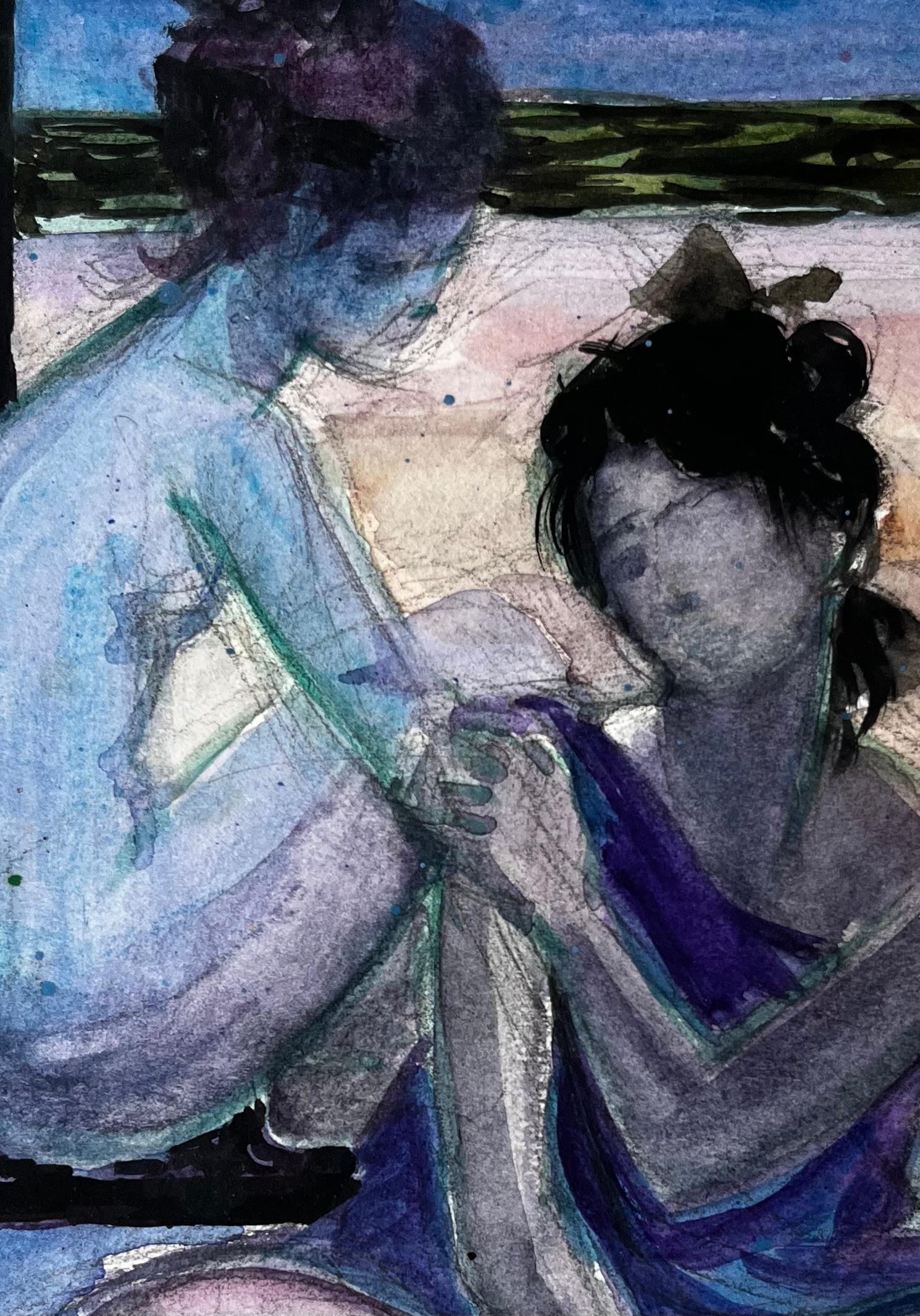 Figuras sentadas junto al mar de Pierre Neveu Acuarela francesa Escena de playa en venta 6