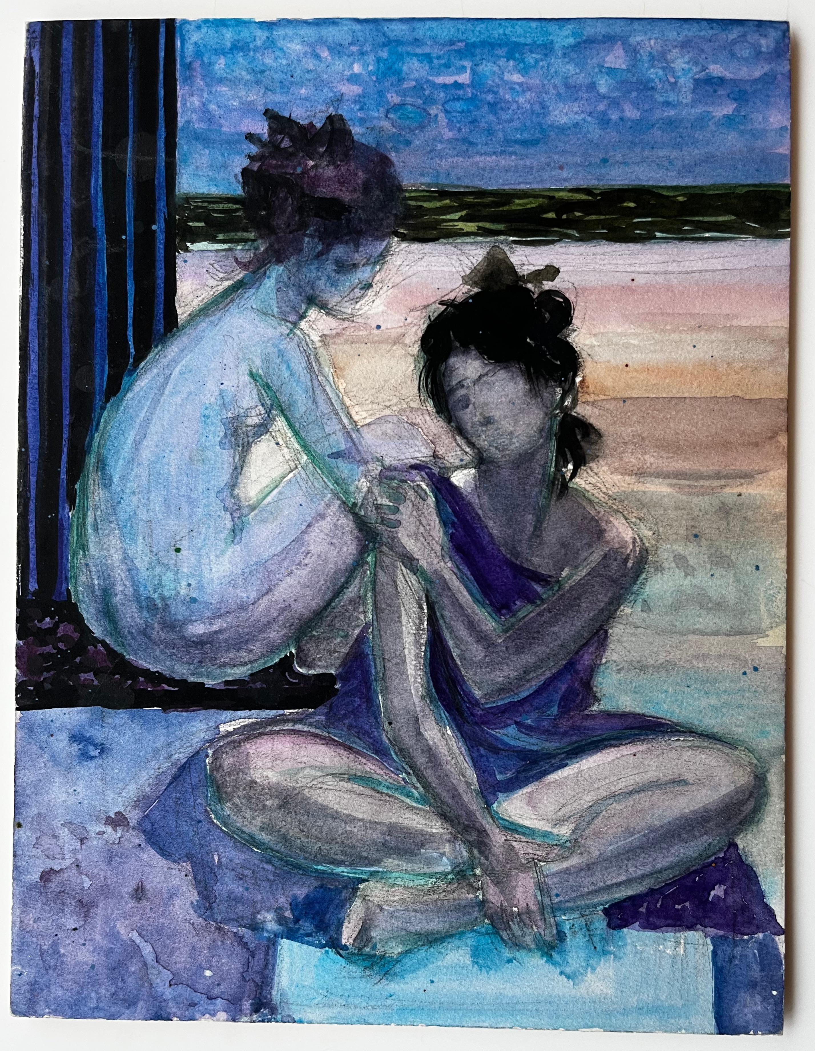 Figuras sentadas junto al mar de Pierre Neveu Acuarela francesa Escena de playa en venta 2