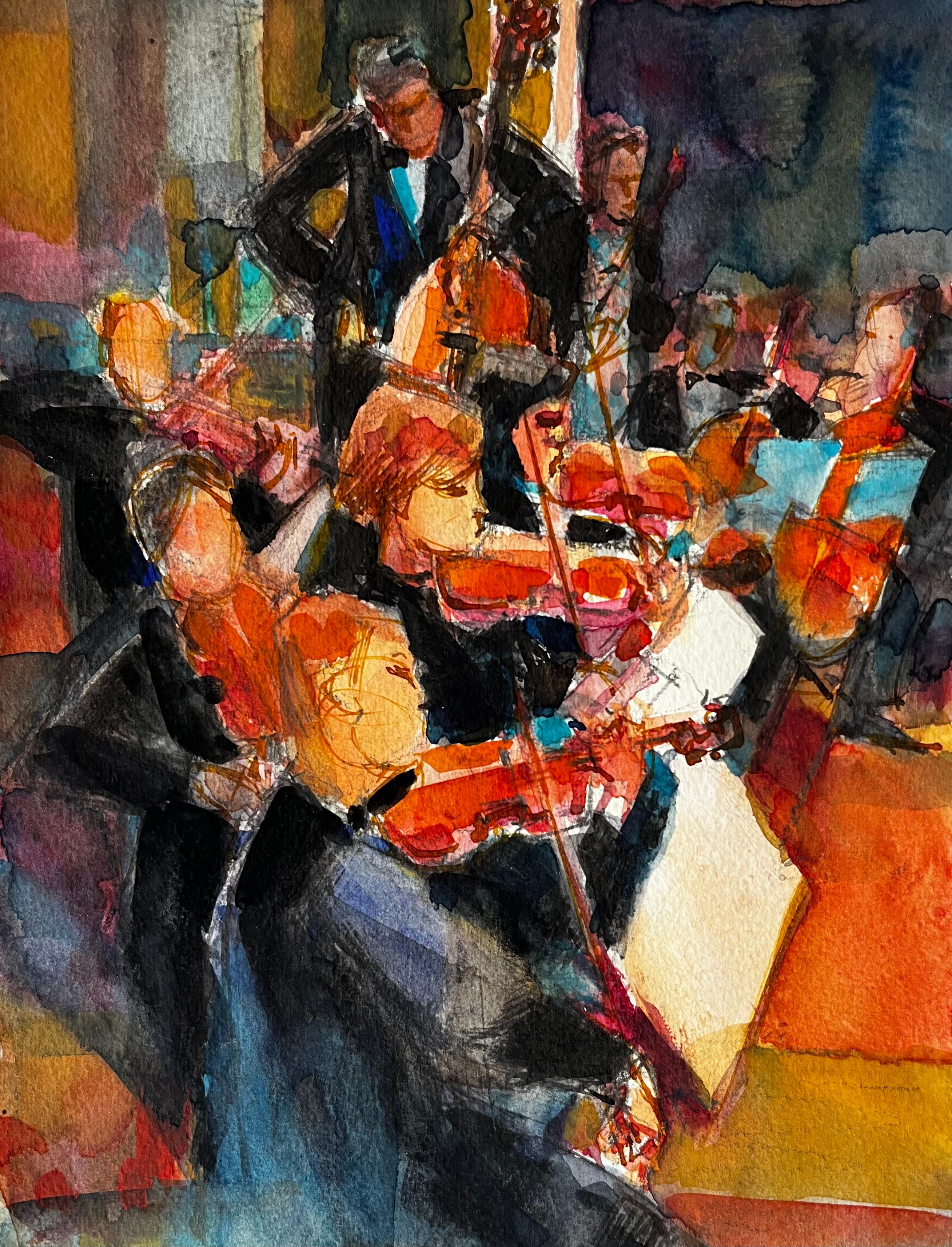 Orchestre en représentation par Pierre Neveu Aquarelle française Scène de musicien