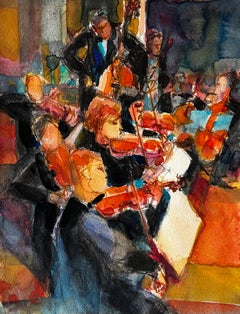 Pierre Neveu - Orchestra in Performance by Pierre Neveu French Watercolour Musician Scene Orchestra in Performance by Pierre Neveu French Watercolour Musician Scene