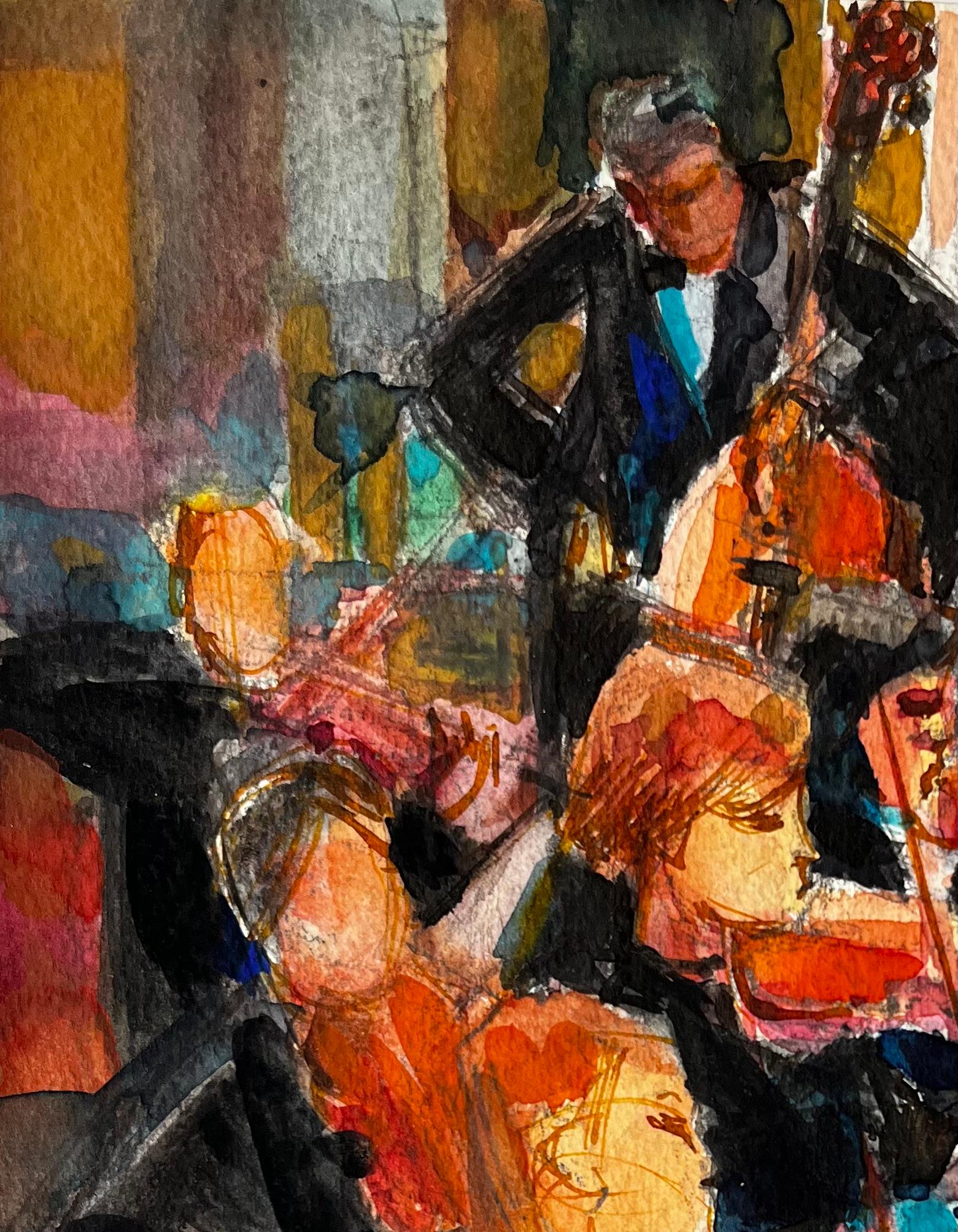 Orquesta en Actuación de Pierre Neveu Acuarela francesa Escena de músico en venta 2