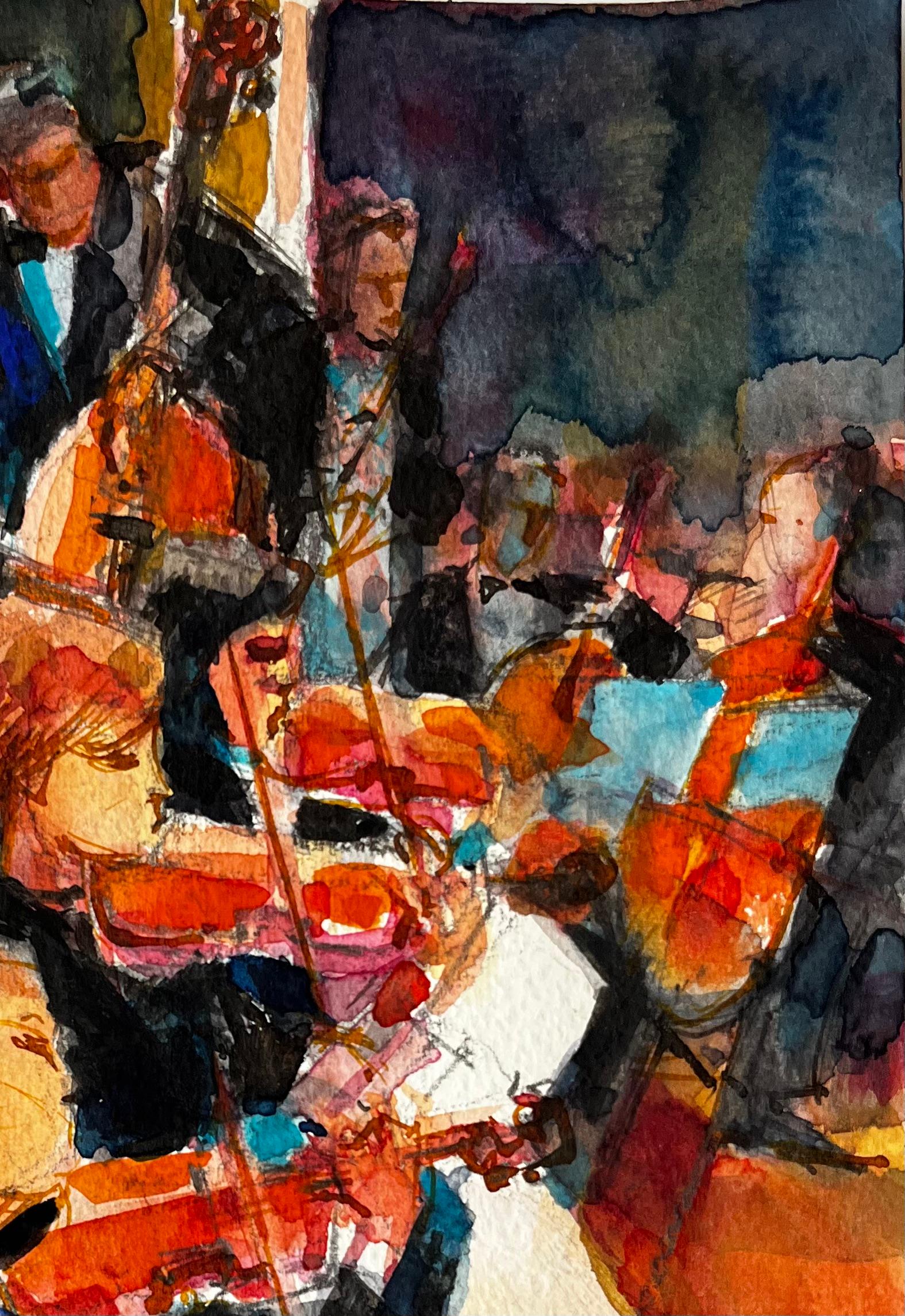 Orquesta en Actuación de Pierre Neveu Acuarela francesa Escena de músico en venta 3