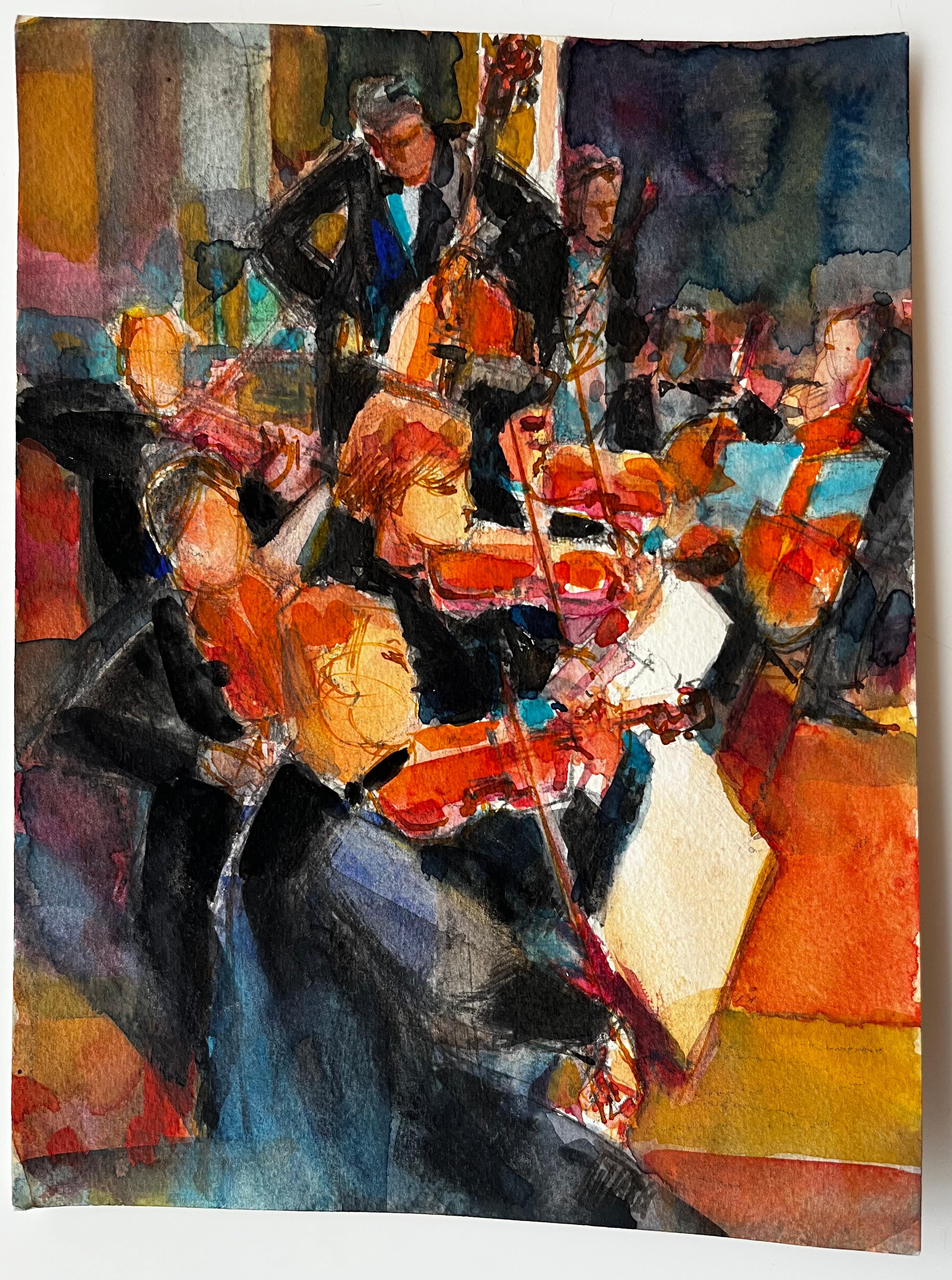 Orquesta en Actuación de Pierre Neveu Acuarela francesa Escena de músico en venta 1