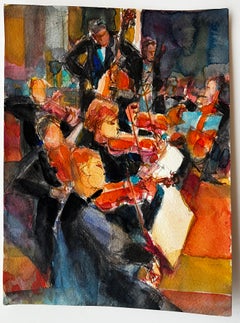 Orchestra in Performance by Pierre Neveu French Watercolour Musician Scene