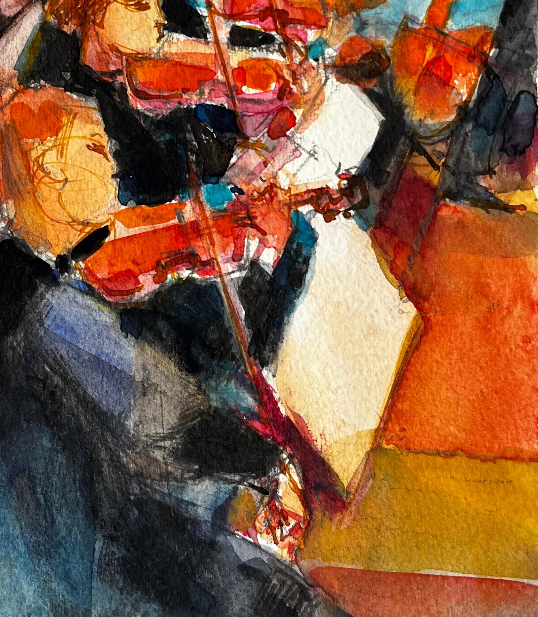 Orquesta en Actuación de Pierre Neveu Acuarela francesa Escena de músico en venta 4