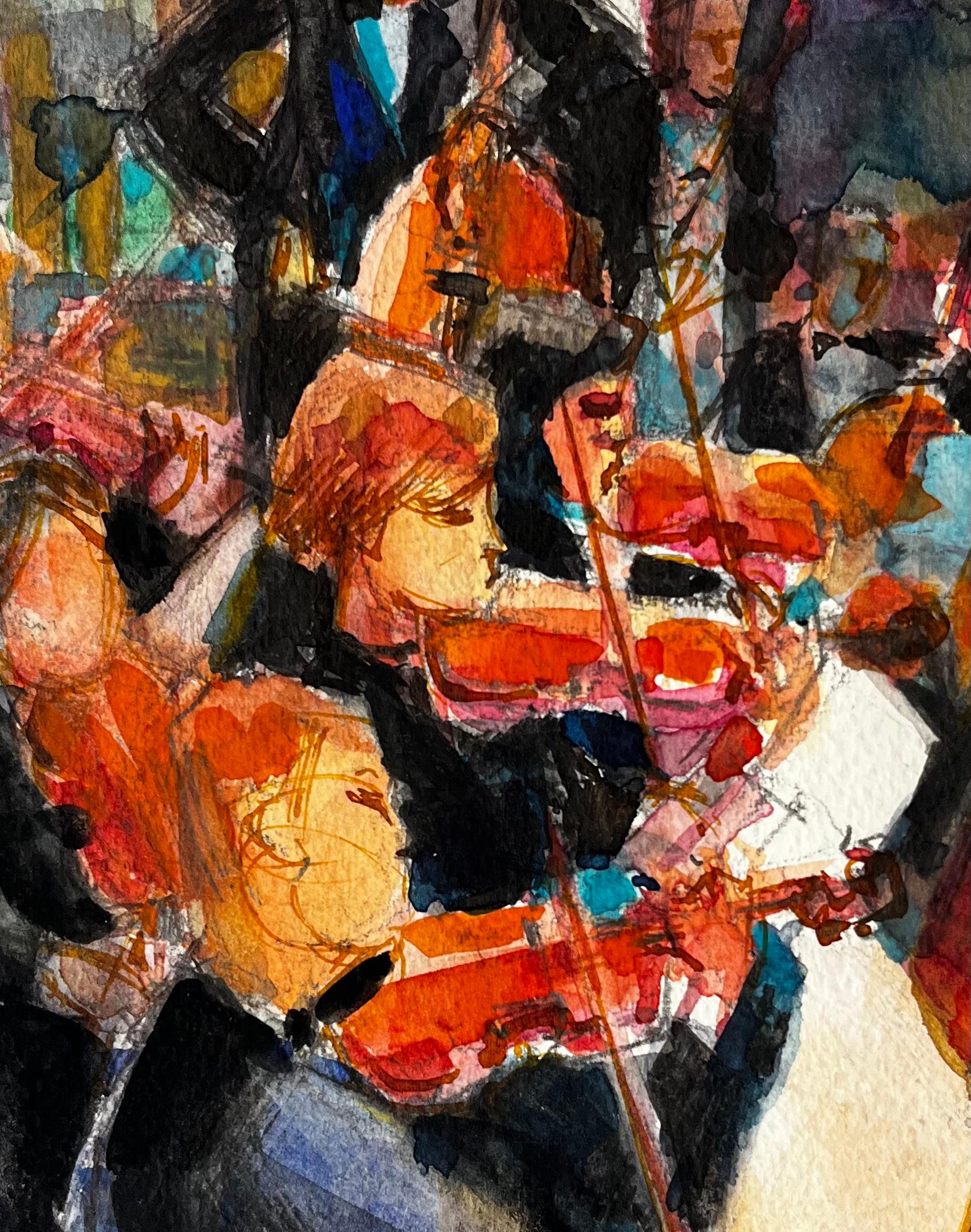 Orquesta en Actuación de Pierre Neveu Acuarela francesa Escena de músico en venta 6