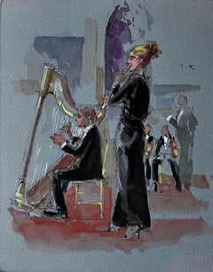 Harpist and Flautist Performing by Pierre Neveu French Watercolour Music Scene