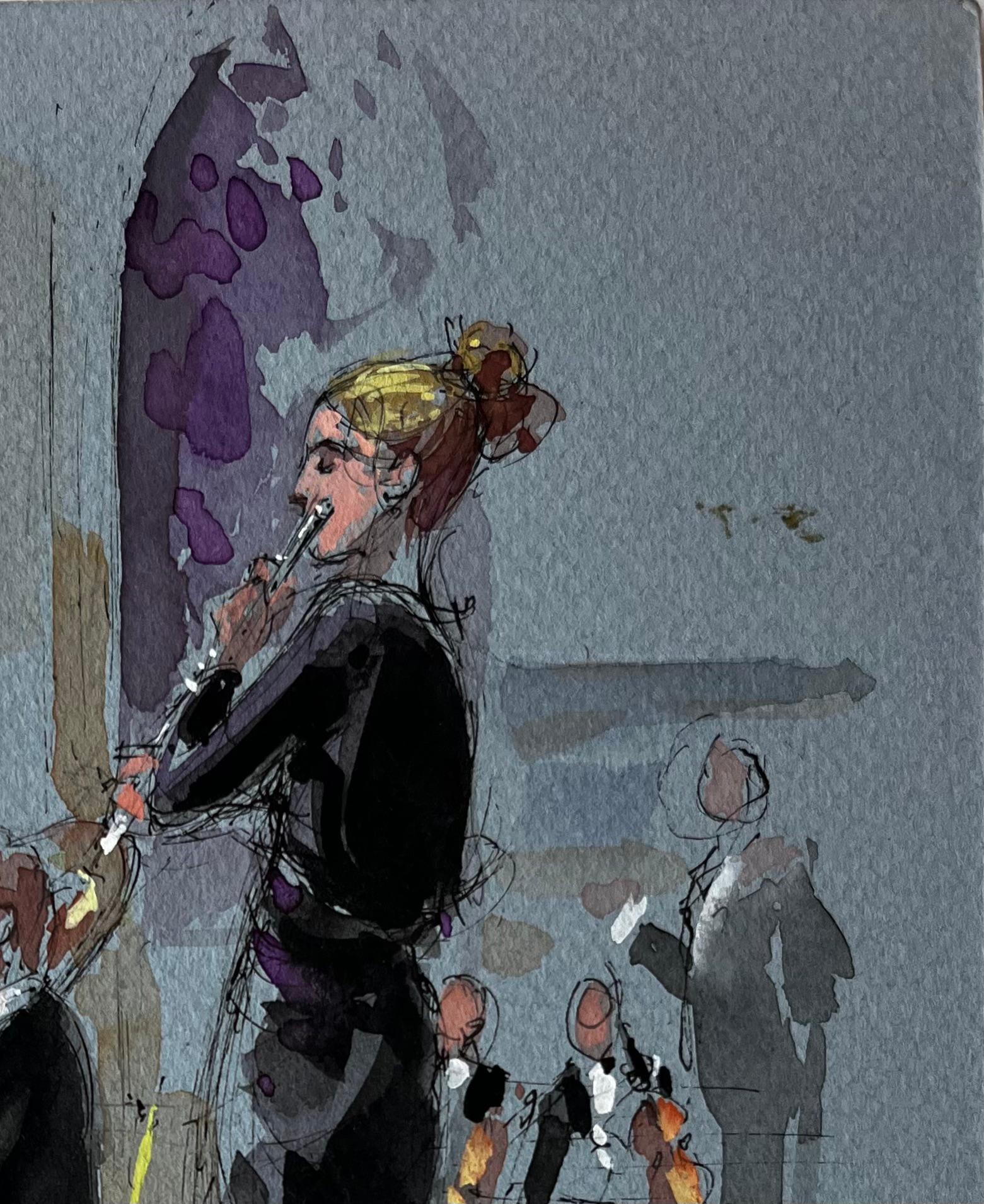 Arpista e flautista che si esibiscono di Pierre Neveu Scena musicale ad acquerello francese in vendita 2