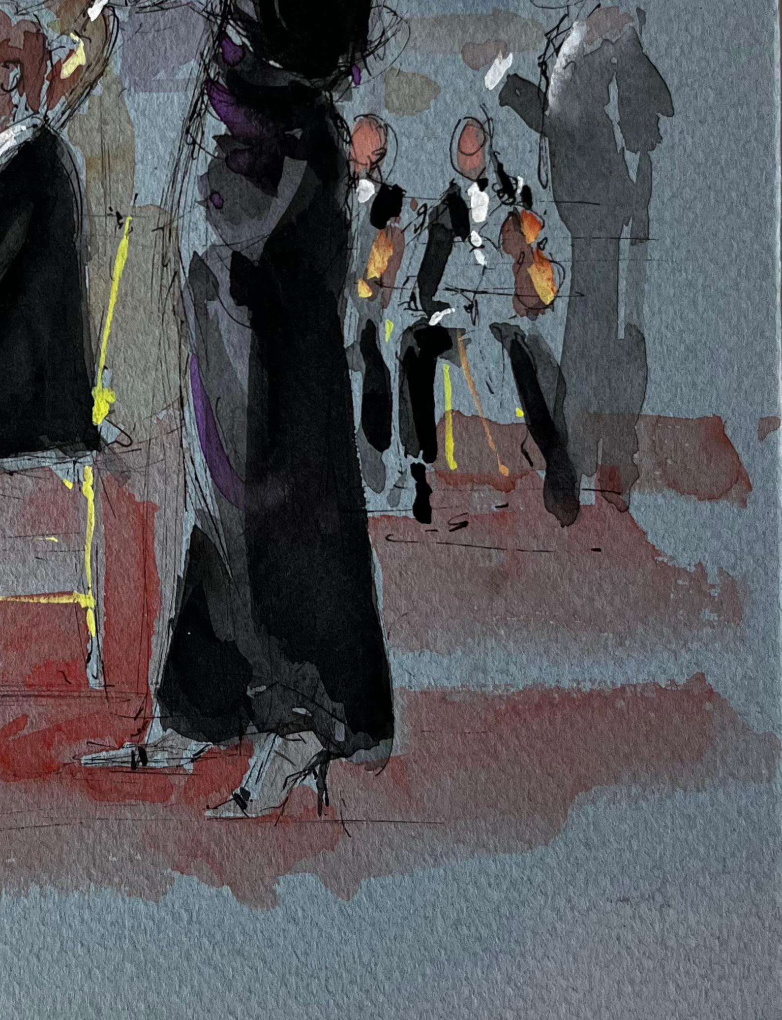 Arpista e flautista che si esibiscono di Pierre Neveu Scena musicale ad acquerello francese in vendita 3