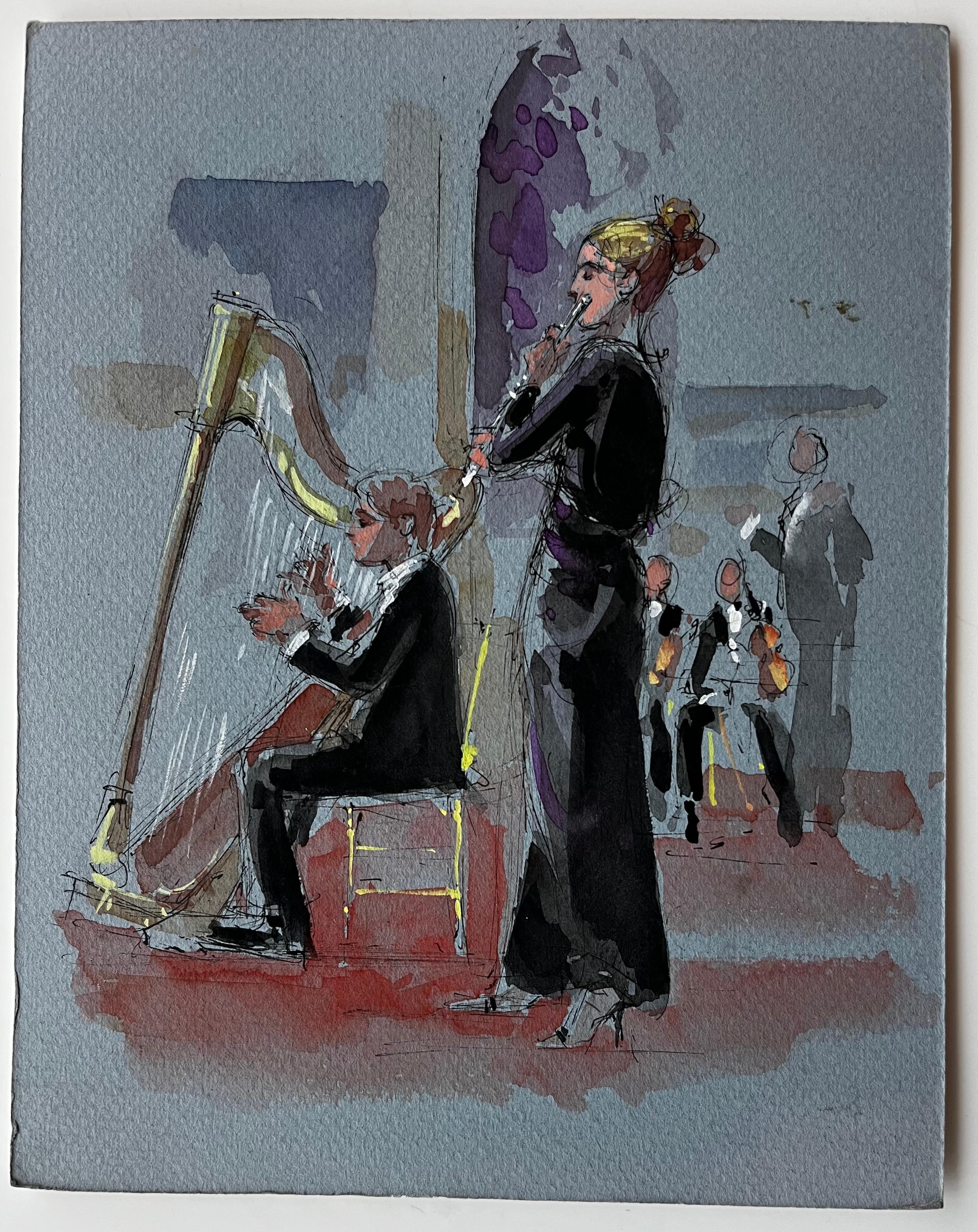 Arpista e flautista che si esibiscono di Pierre Neveu Scena musicale ad acquerello francese in vendita 1