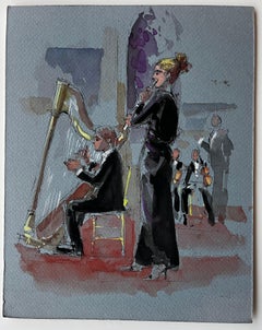Harpiste et flûtiste se produisant par Pierre Neveu Aquarelle française Scène musicale