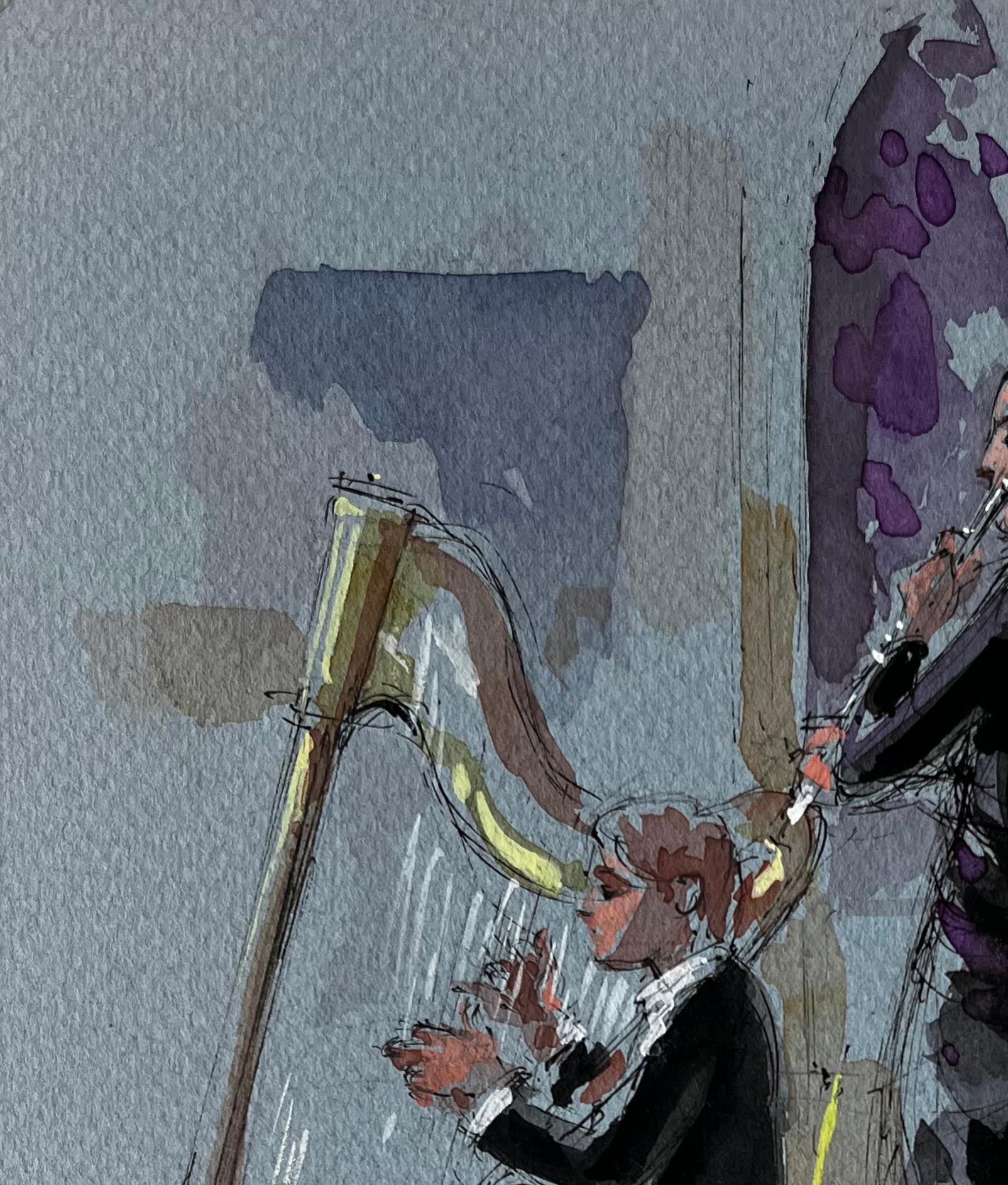 Arpista e flautista che si esibiscono di Pierre Neveu Scena musicale ad acquerello francese in vendita 4