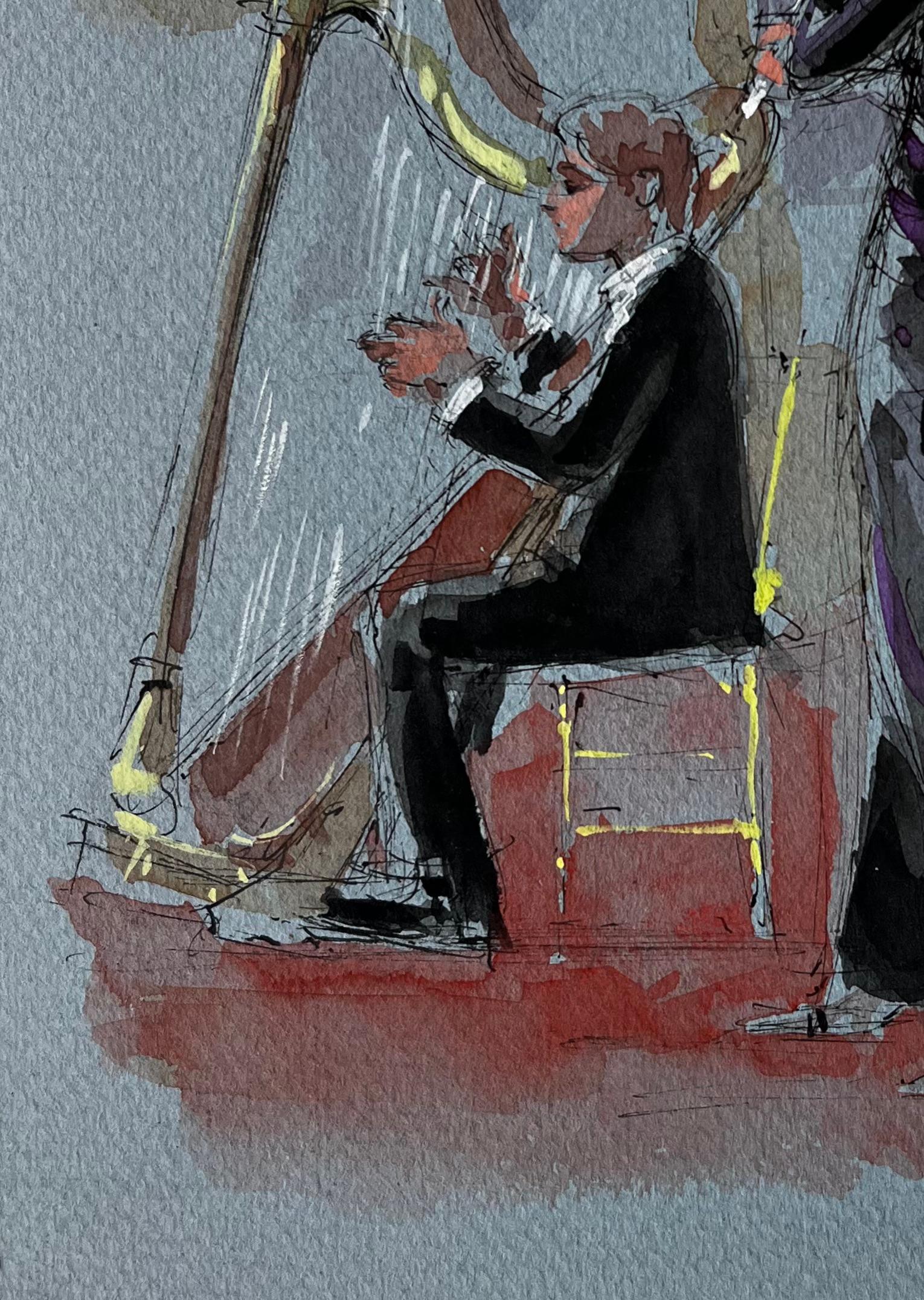 Arpista e flautista che si esibiscono di Pierre Neveu Scena musicale ad acquerello francese in vendita 5