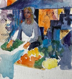 Vendeur de marché par Pierre Neveu Aquarelle française Scène de rue figurative