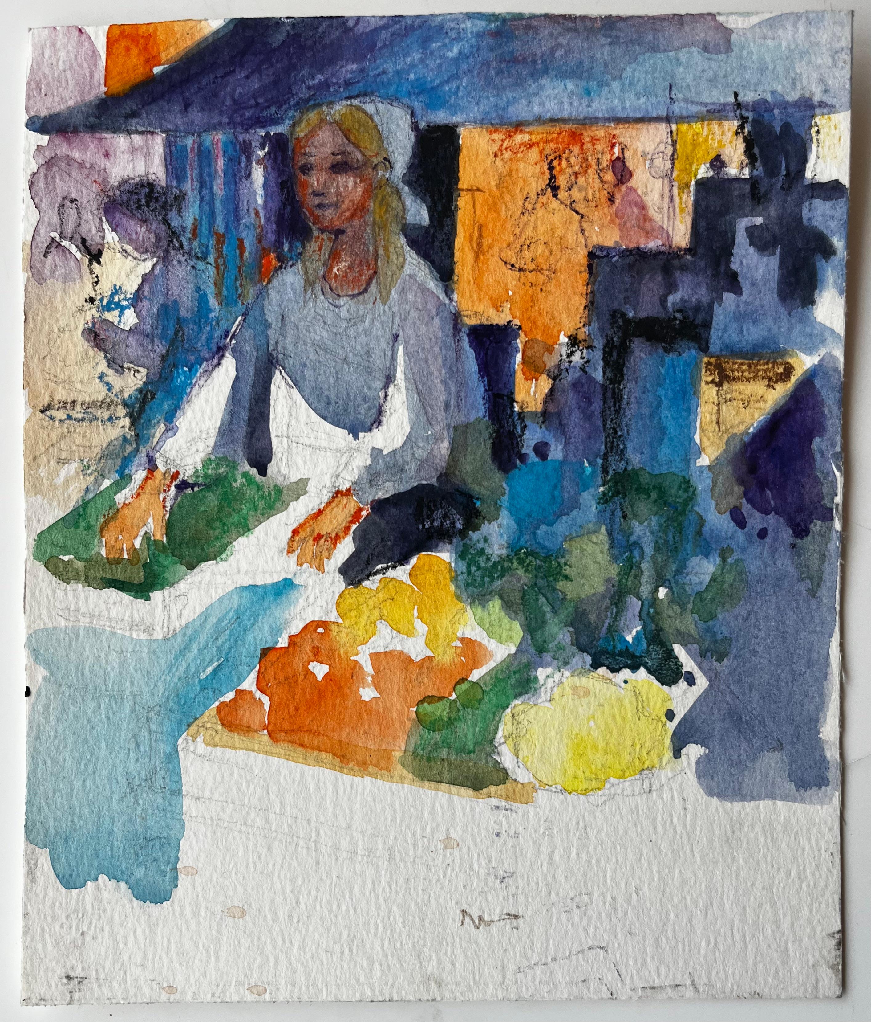Marktstand Verkäufer von Pierre Neveu Französisch Aquarell Figurative Straßenszene im Angebot 1