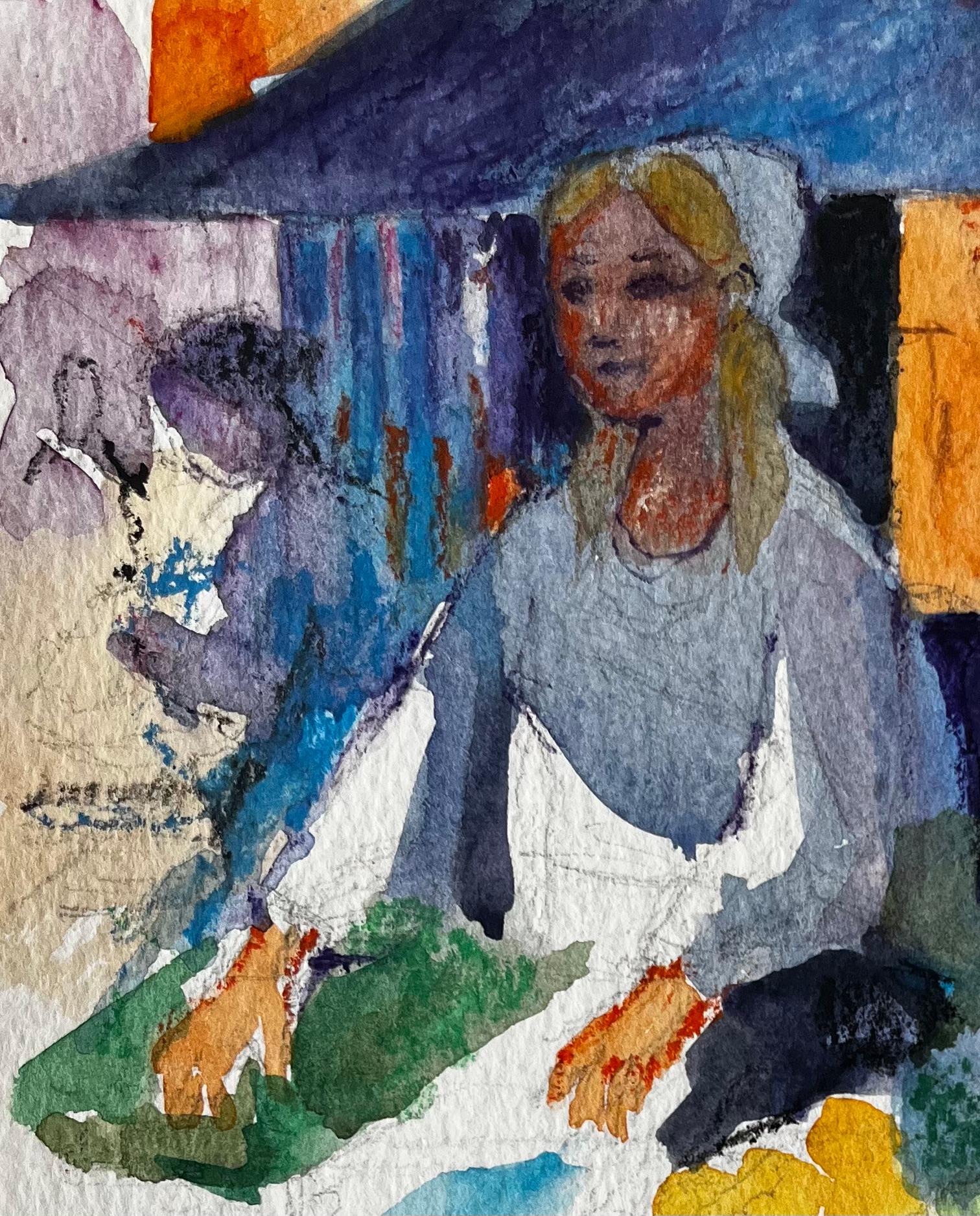 Marktstand Verkäufer von Pierre Neveu Französisch Aquarell Figurative Straßenszene im Angebot 2