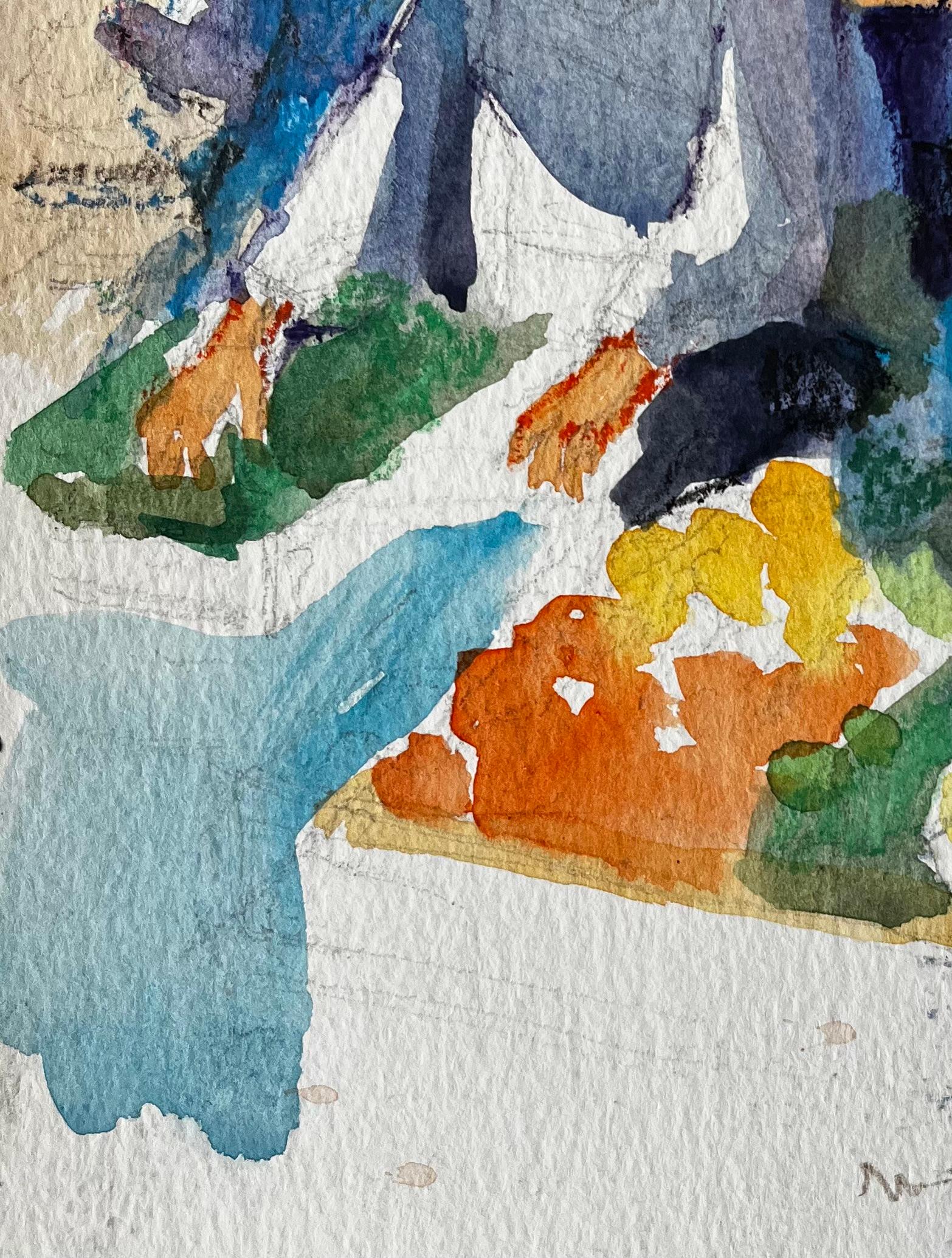 Marktstand Verkäufer von Pierre Neveu Französisch Aquarell Figurative Straßenszene im Angebot 5