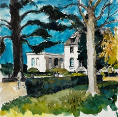 French Sunlit Garden with Figures and Villa Watercolour Landscape