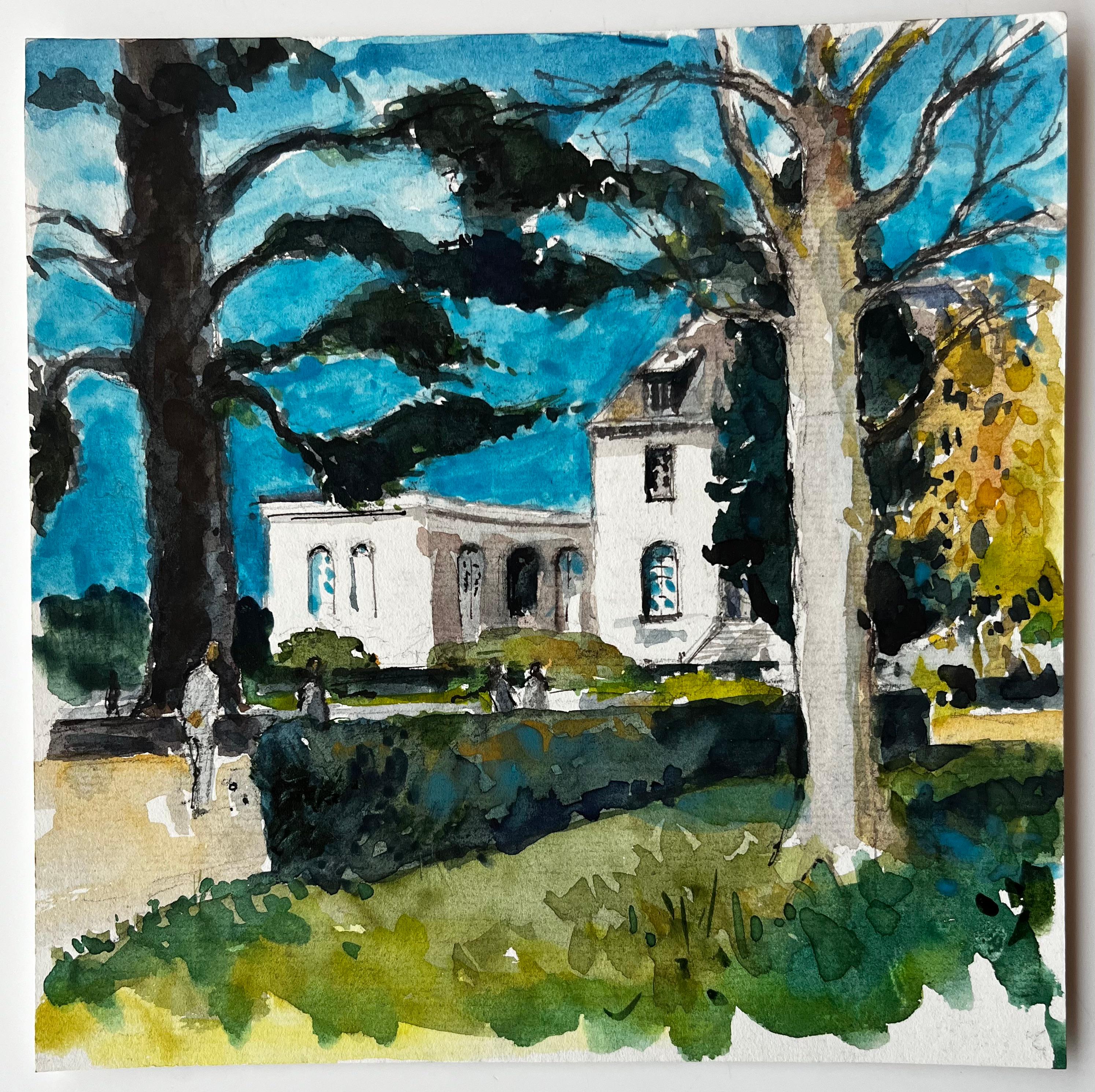 Acuarela francesa Jardín soleado con figuras y Villa Paisaje - Art de Pierre Neveu