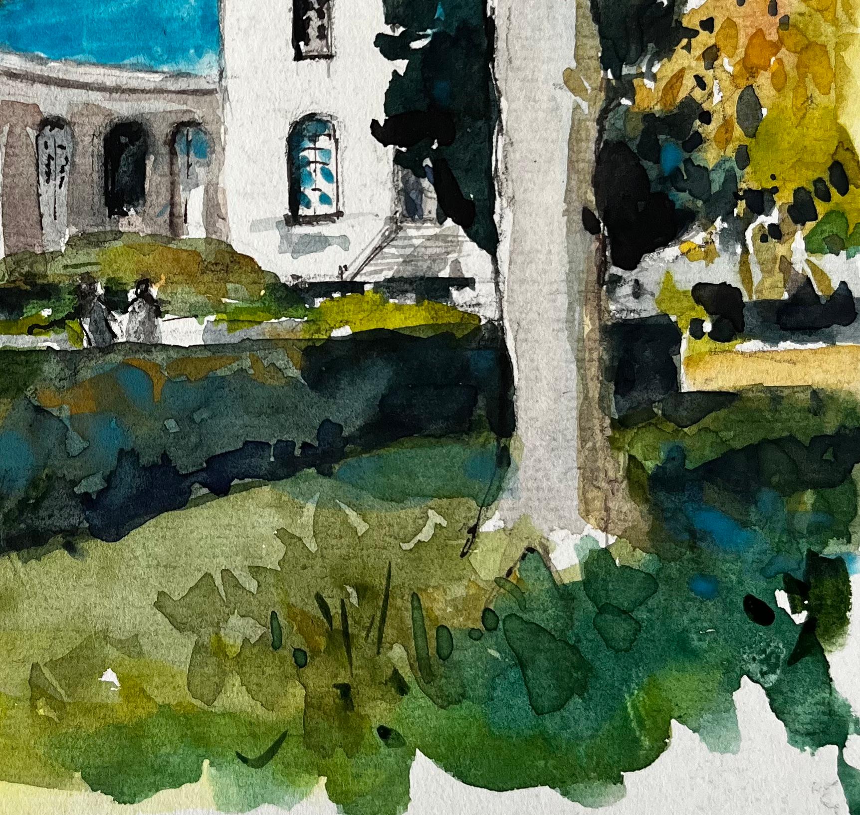 Acuarela francesa Jardín soleado con figuras y Villa Paisaje - Landscape Art Negro de Pierre Neveu