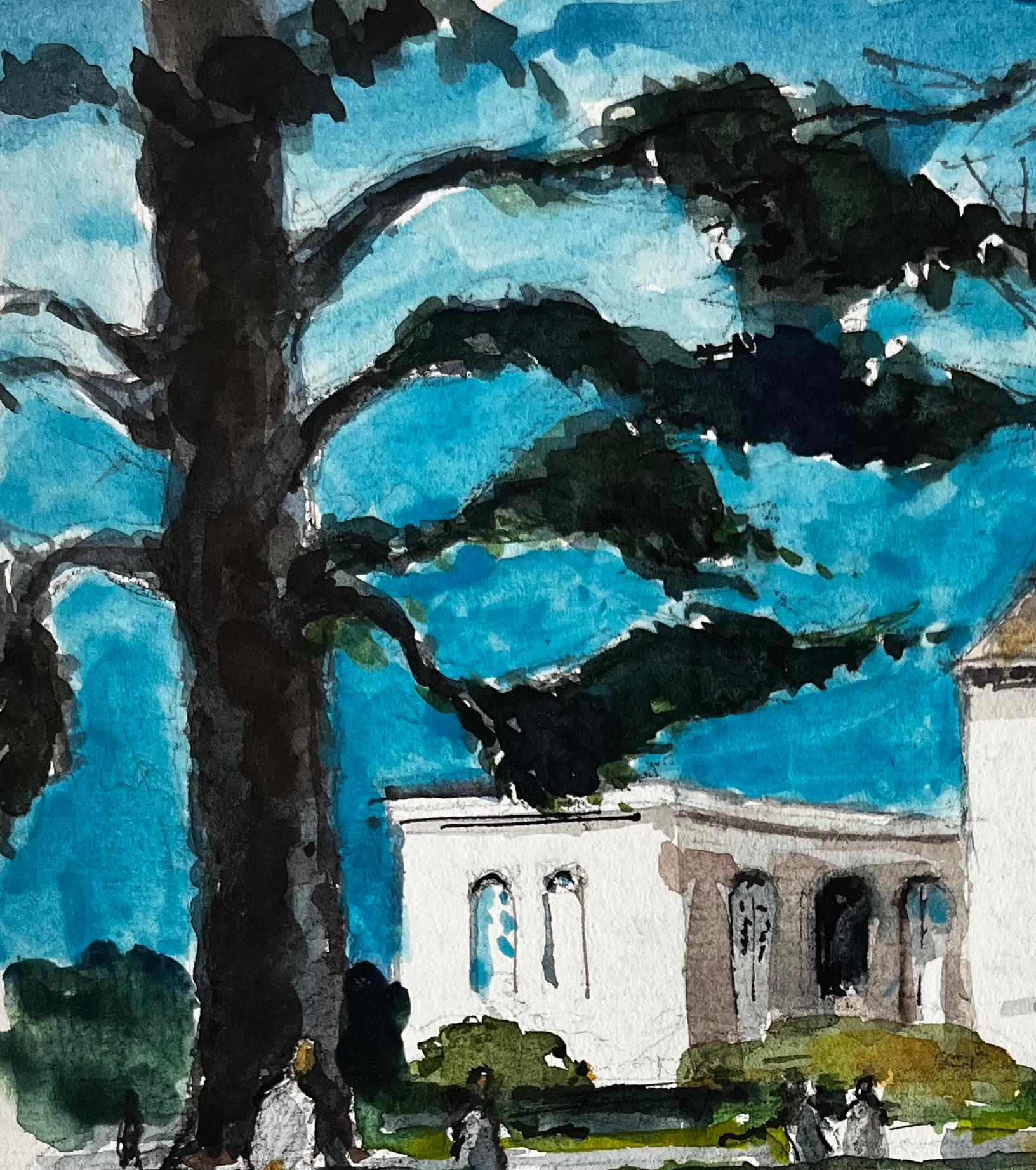 Título: Jardín francés iluminado por el sol con figuras y paisaje de villa en acuarela
Artista: Pierre Neveu (francés n.1929)
Técnica: Acuarela sobre cartulina, sin enmarcar
Tamaño (A x A): 8,5 x 8,25 pulgadas
Estado: Bueno en general. Color