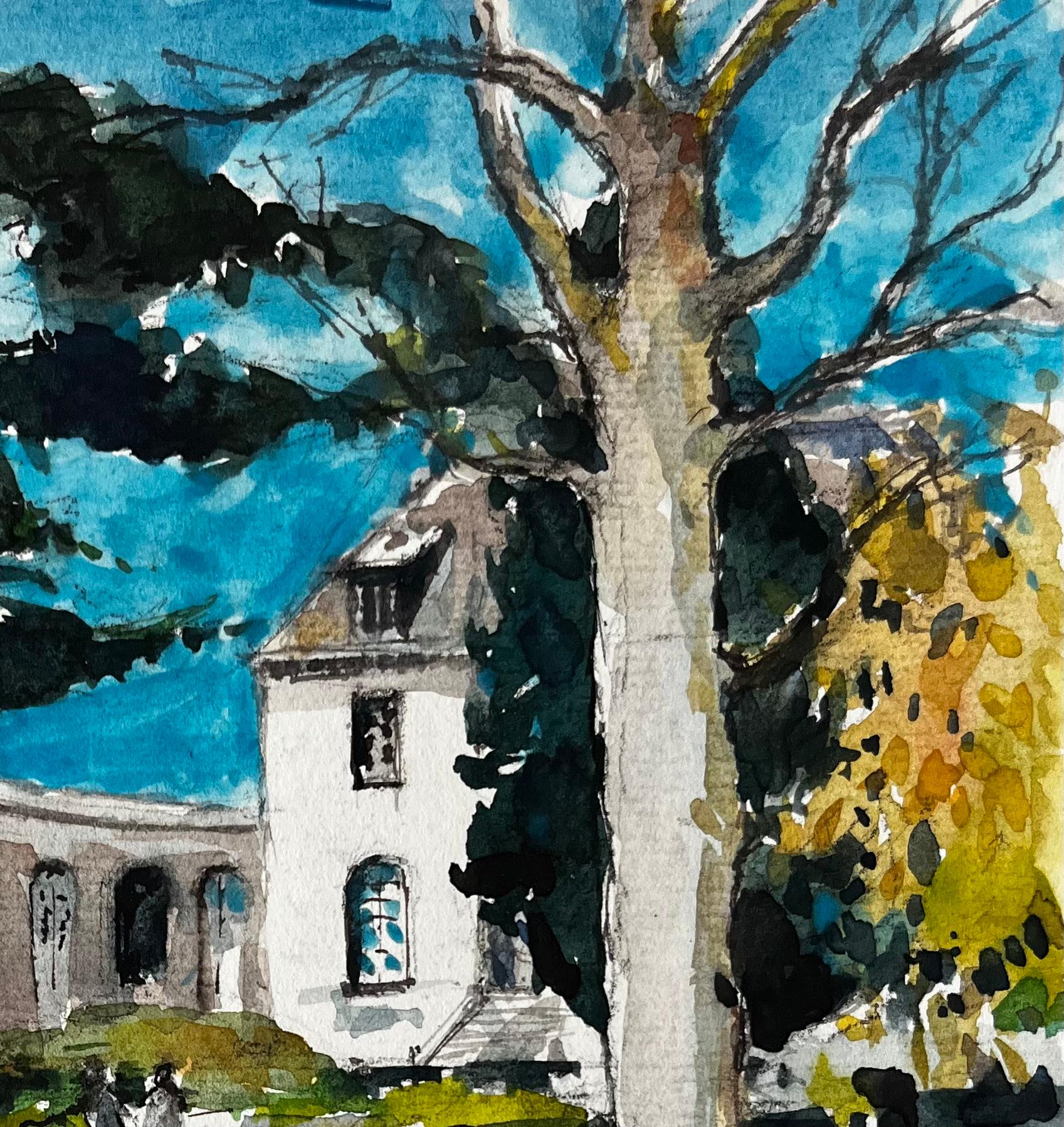 Acuarela francesa Jardín soleado con figuras y Villa Paisaje - Art Posimpresionista de Pierre Neveu