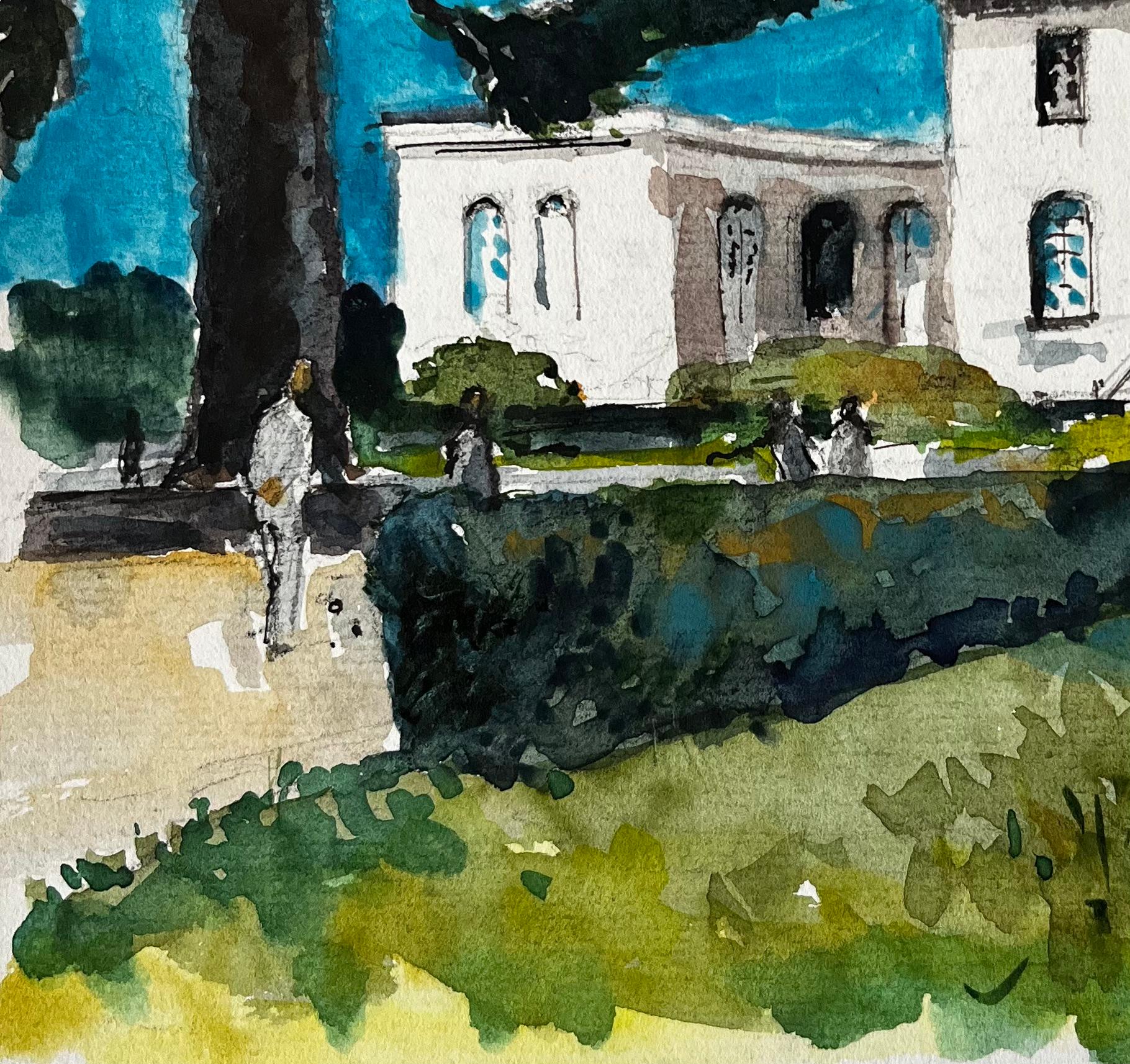 Acuarela francesa Jardín soleado con figuras y Villa Paisaje en venta 1