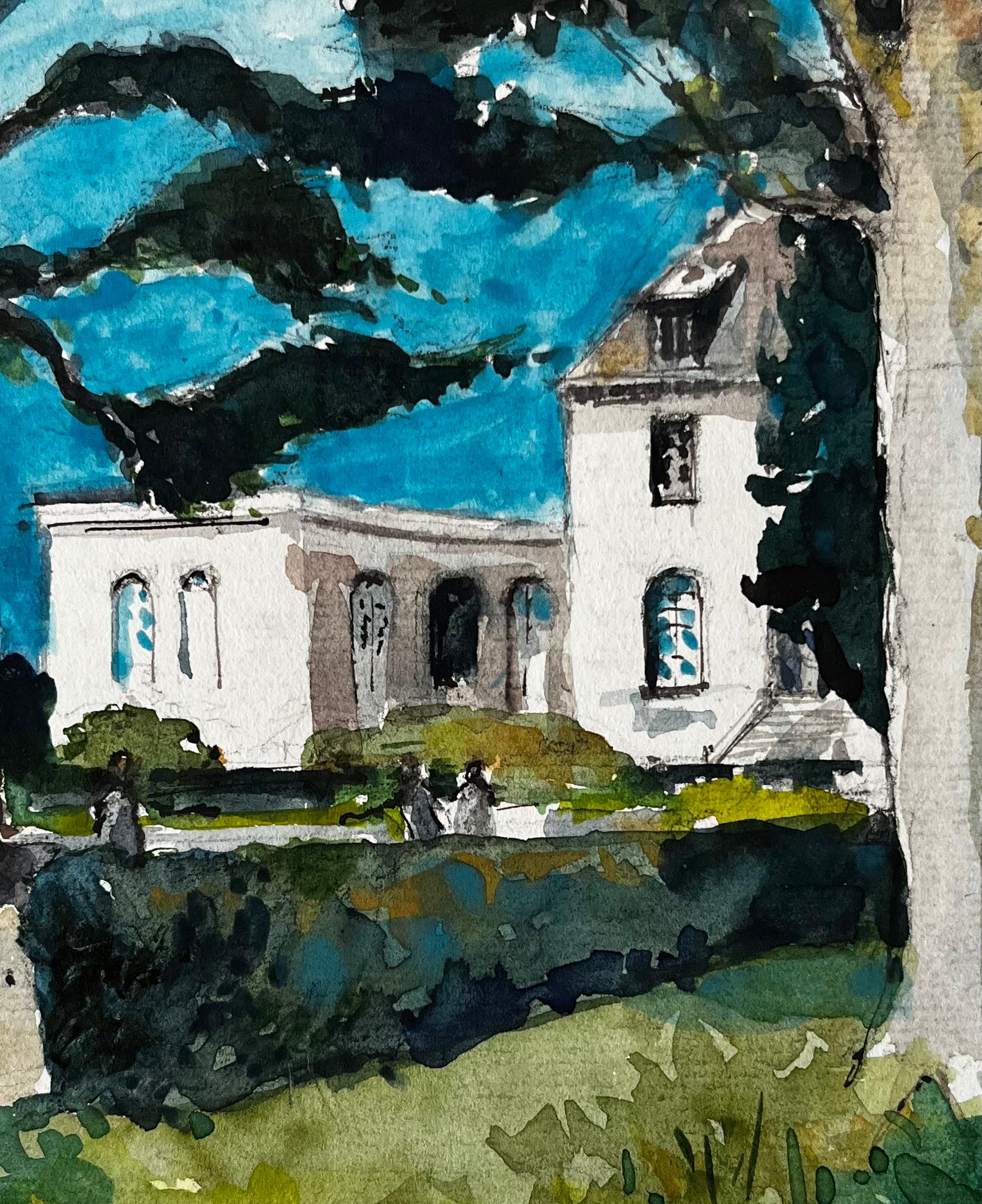 Acuarela francesa Jardín soleado con figuras y Villa Paisaje en venta 2