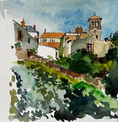 French Hilltop Village and Church by Pierre Neveu Signed Watercolour Landscape